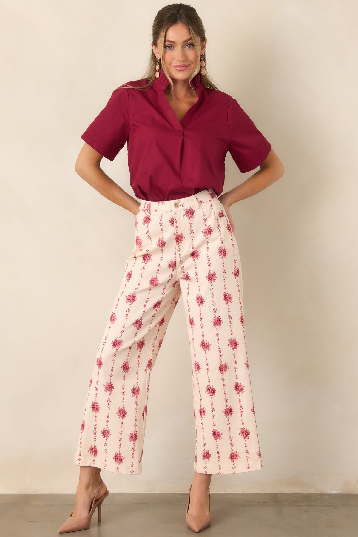 Nicely Done Burgundy Cotton Ruffle Collar Blouse