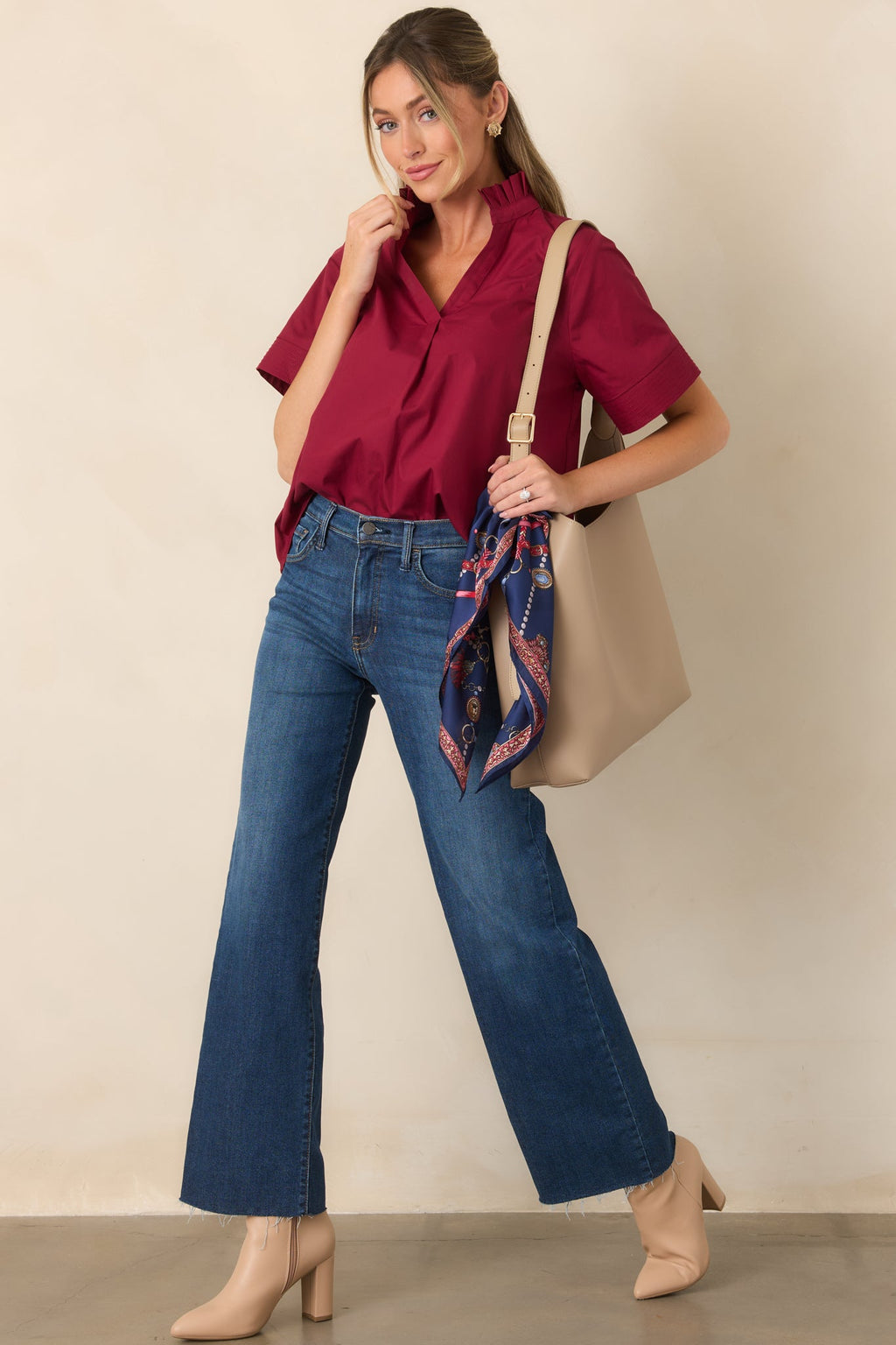 Nicely Done Burgundy Cotton Ruffle Collar Blouse