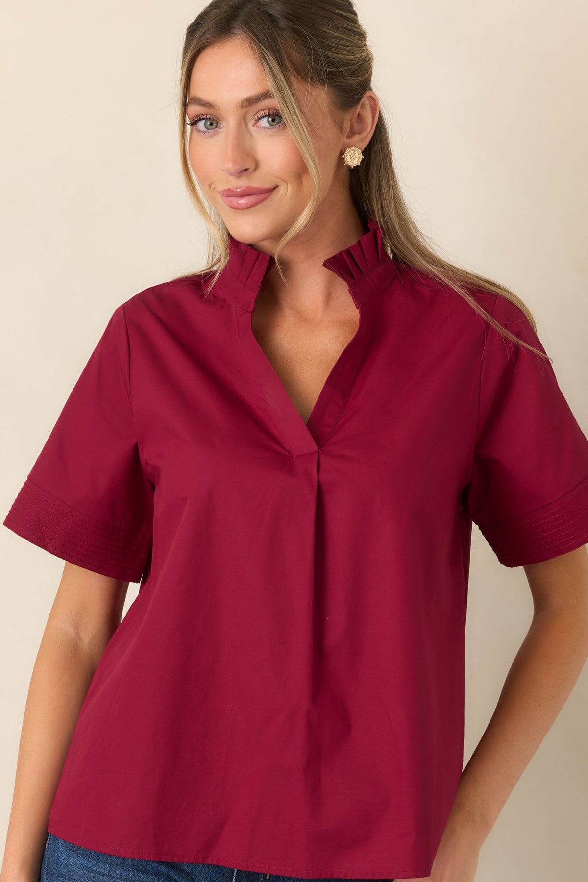 Nicely Done Burgundy Cotton Ruffle Collar Blouse