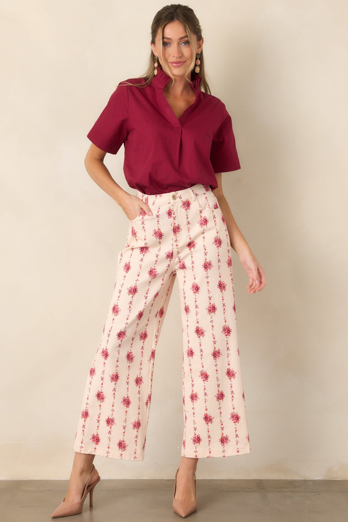 Nicely Done Burgundy Cotton Ruffle Collar Blouse