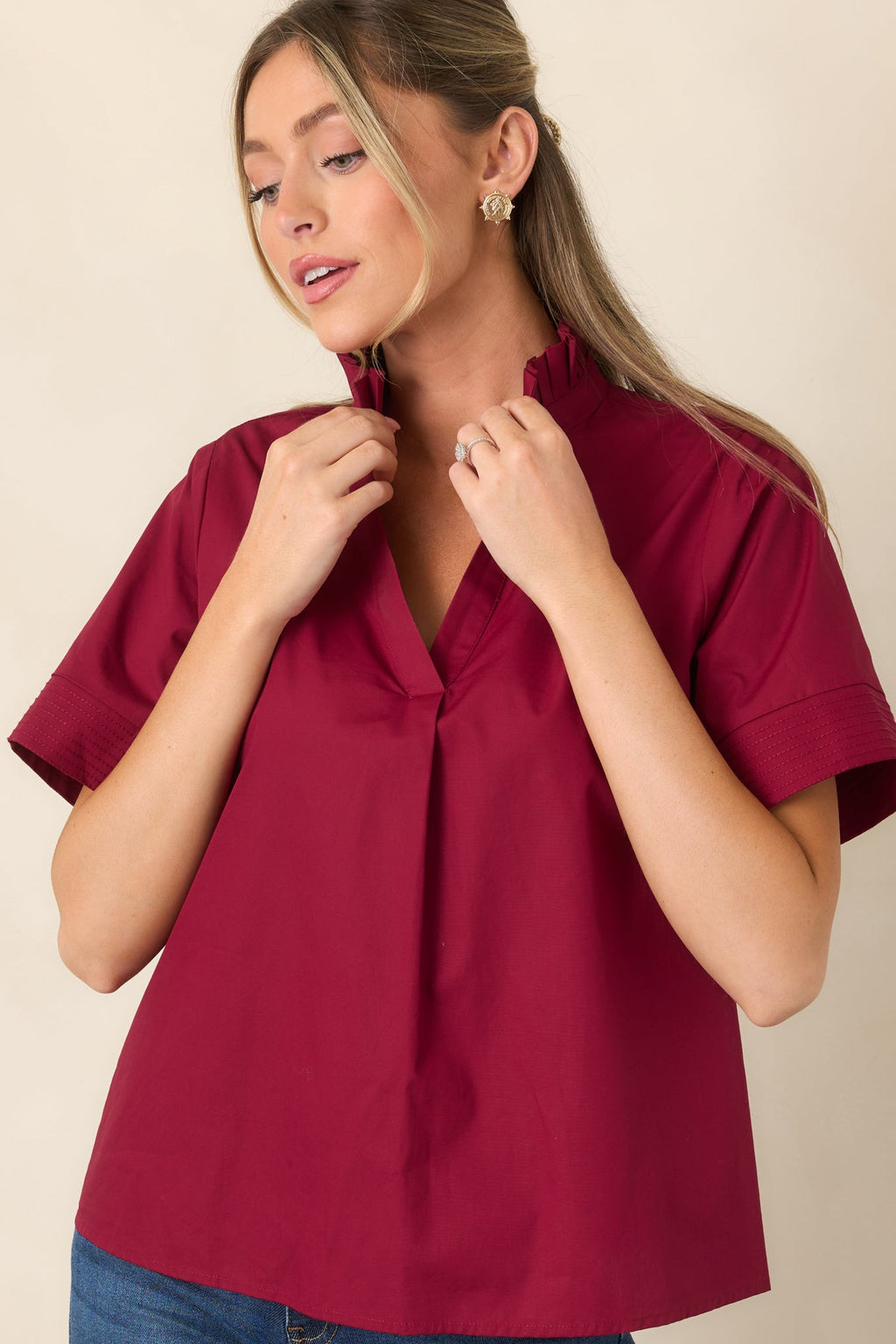 Nicely Done Burgundy Cotton Ruffle Collar Blouse