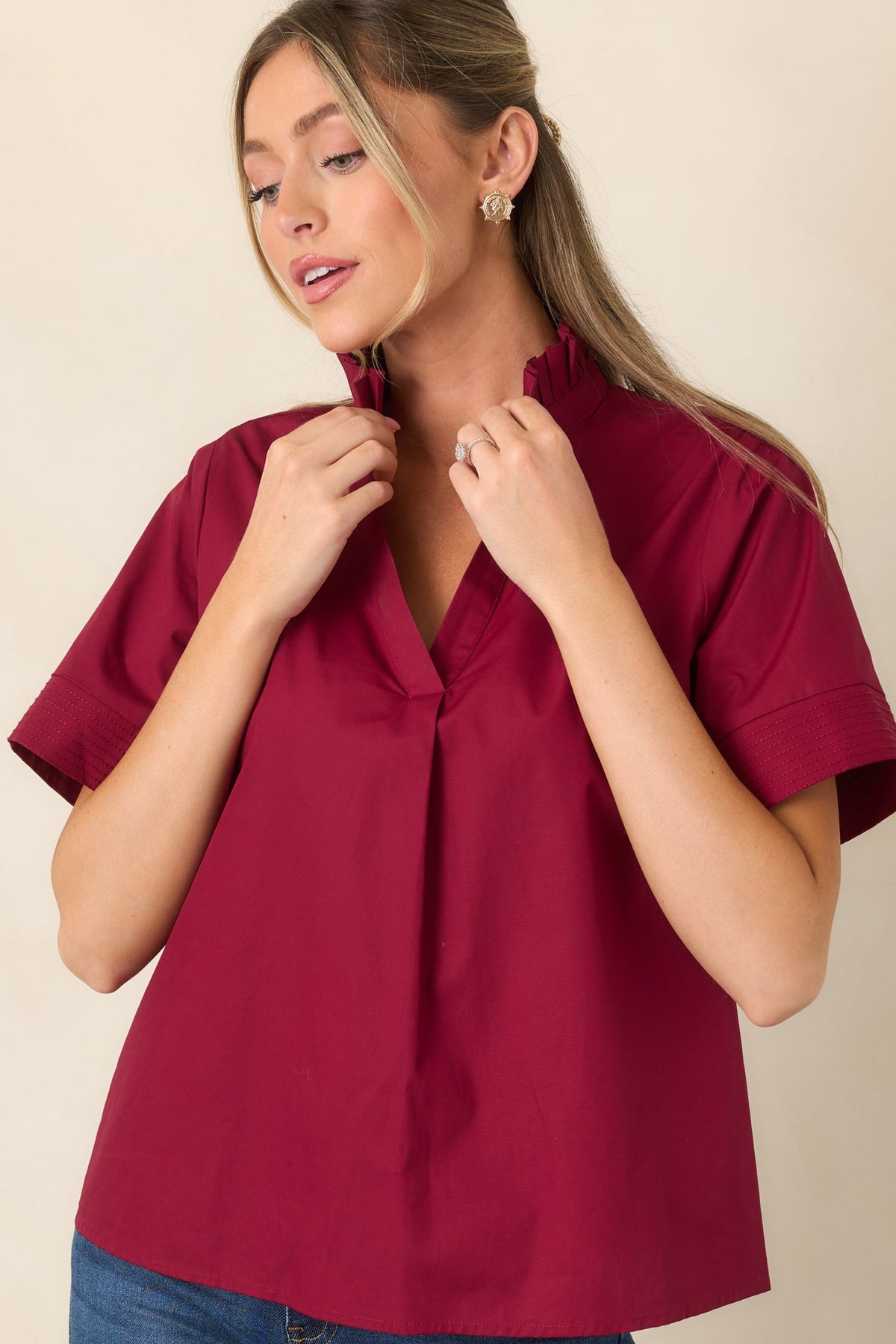 Nicely Done Burgundy Cotton Ruffle Collar Blouse