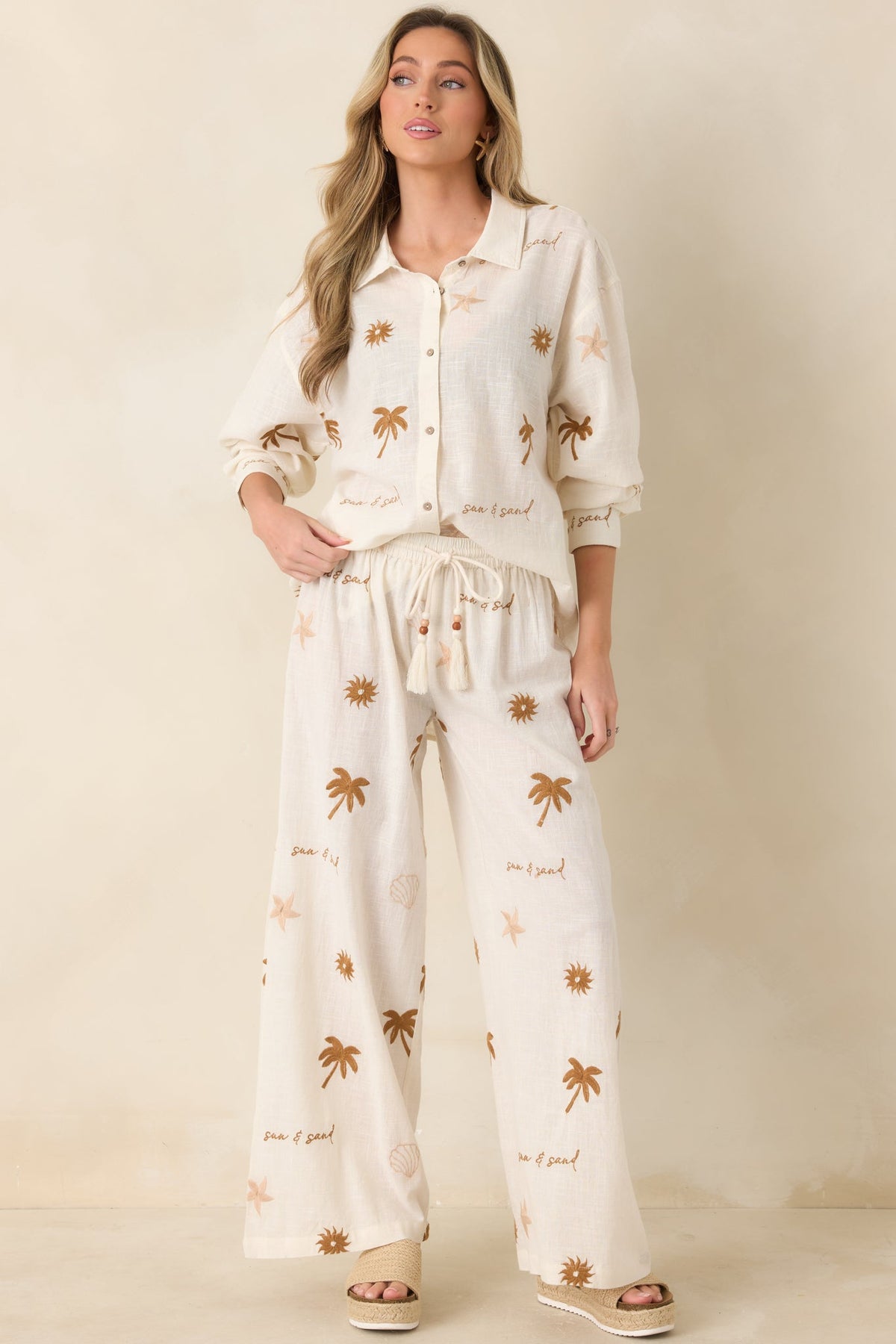 Driftwood Days Light Beige Cotton Coastal Embroidered Button Down Top