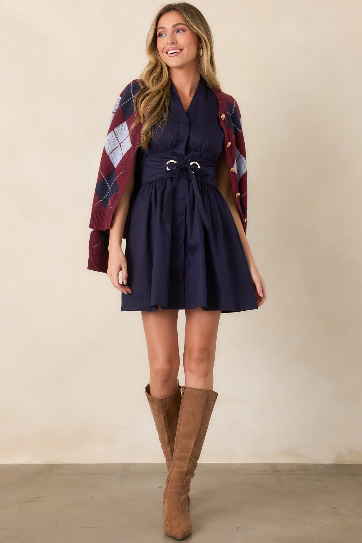Come Together Navy Cotton Belted Mini Dress