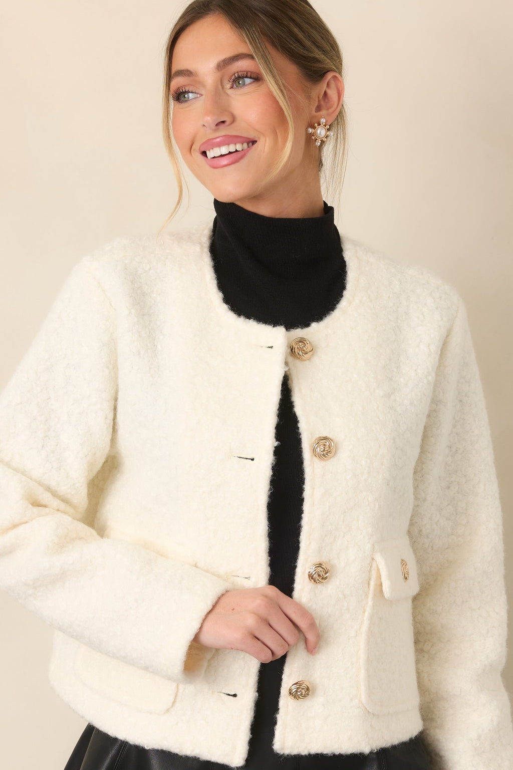 Whispered Warmth Cream Bouclé Button Front Jacket