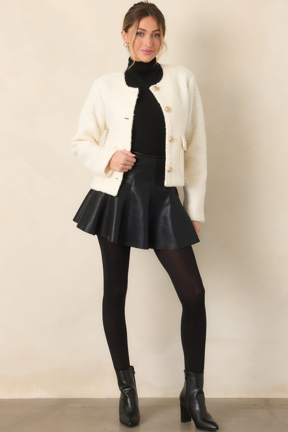 Whispered Warmth Cream Bouclé Button Front Jacket