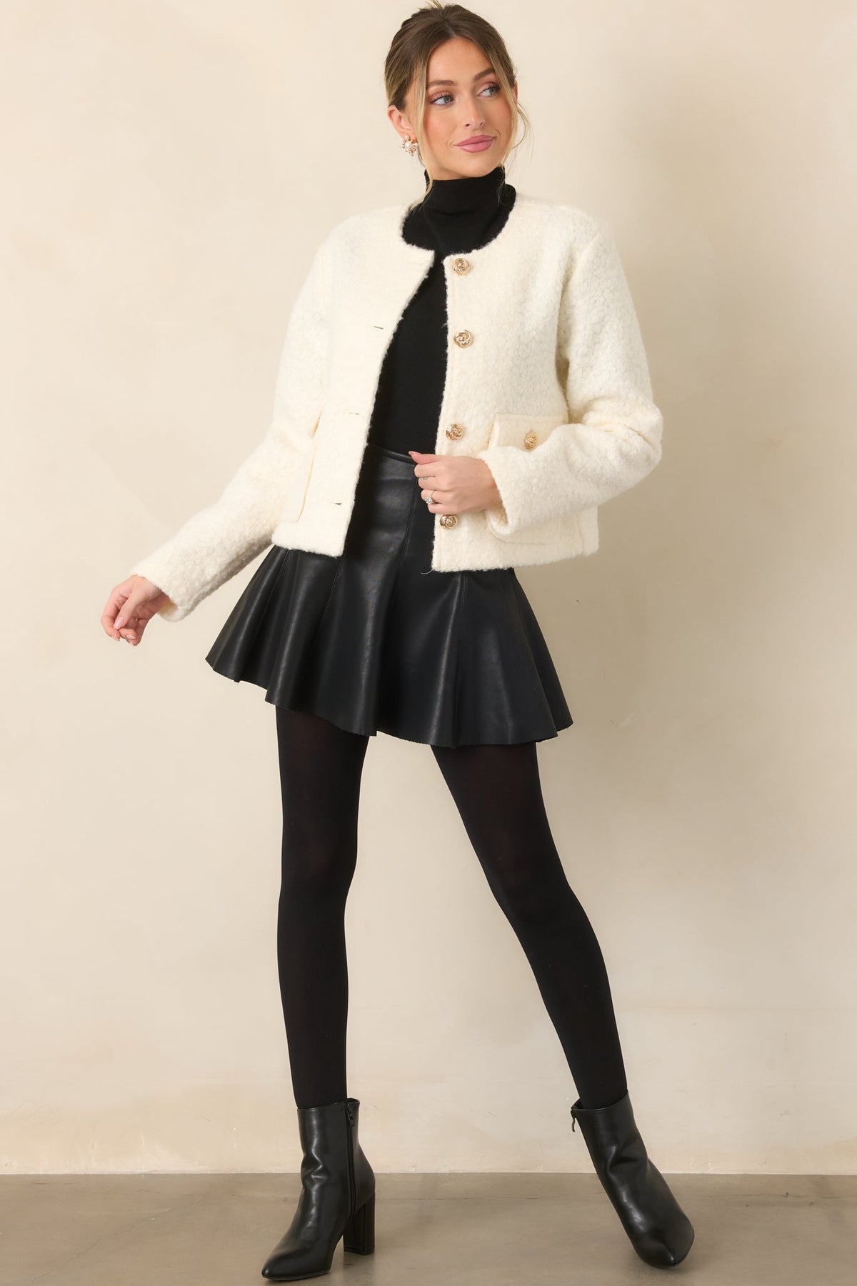 Whispered Warmth Cream Bouclé Button Front Jacket