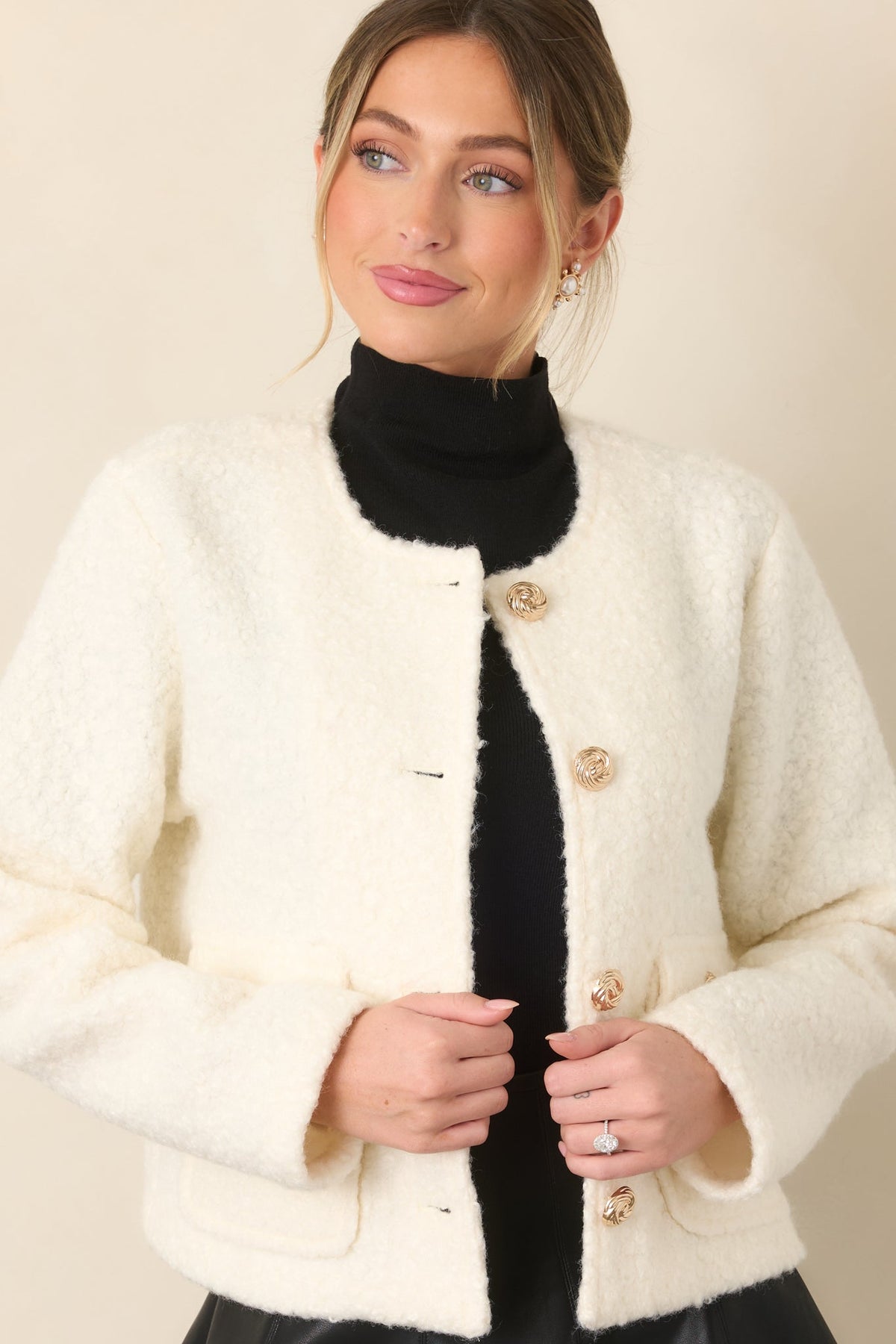 Whispered Warmth Cream Bouclé Button Front Jacket