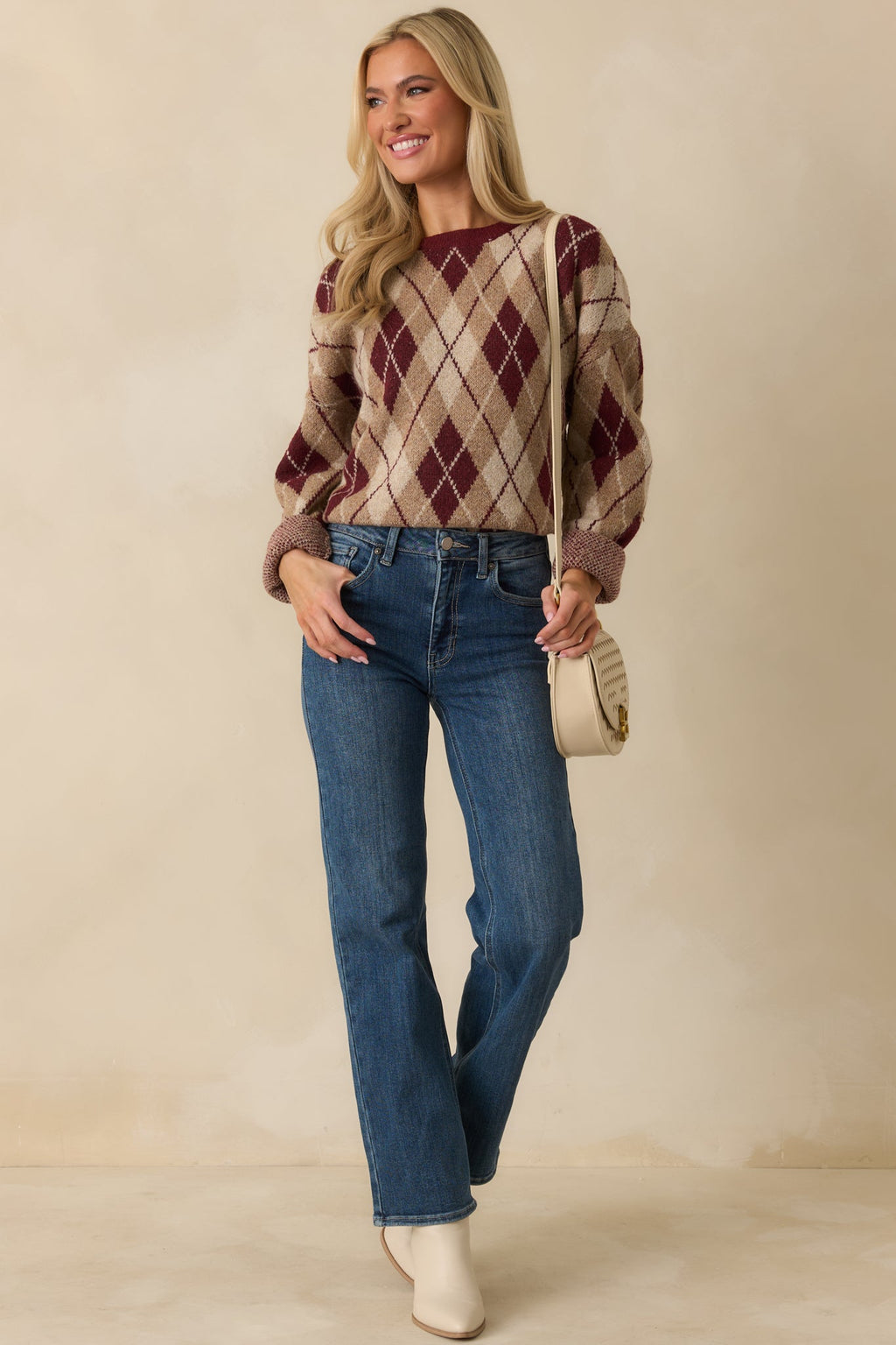 No Place Like Home Burgundy Multi Argyle Knit Sweater