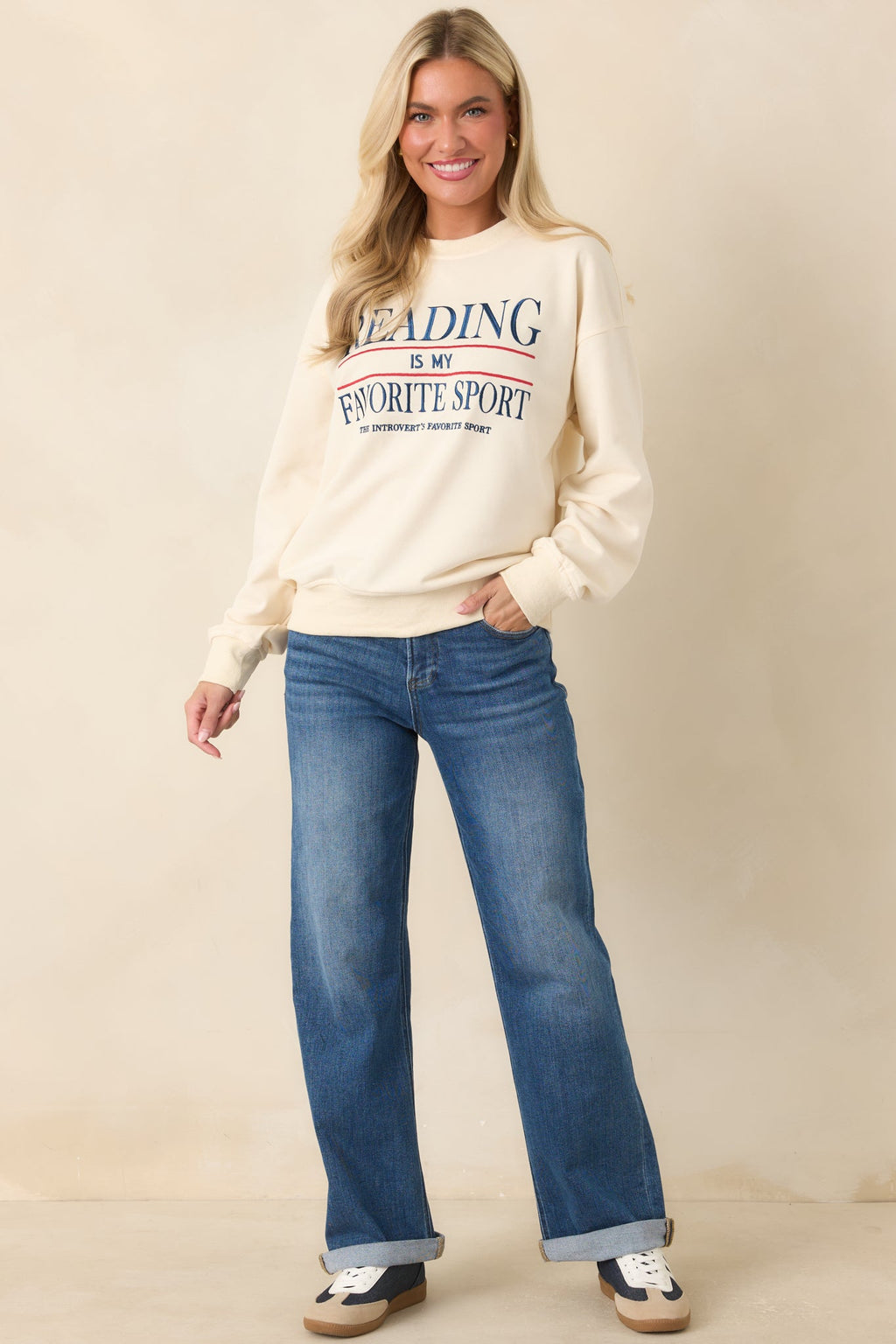 Reading Is My Favorite Sport Ivory Embroidered Cotton Sweatshirt