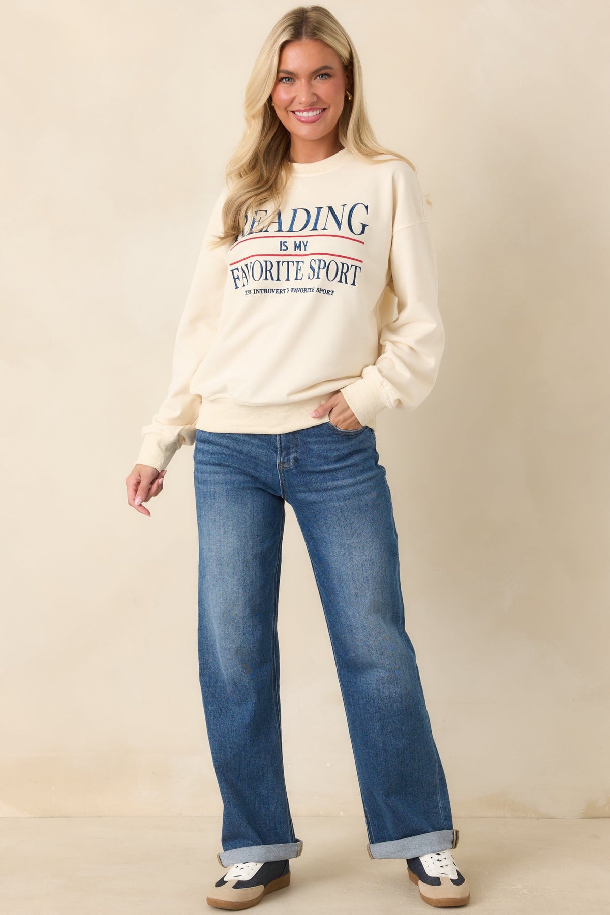 Reading Is My Favorite Sport Ivory Embroidered Cotton Sweatshirt