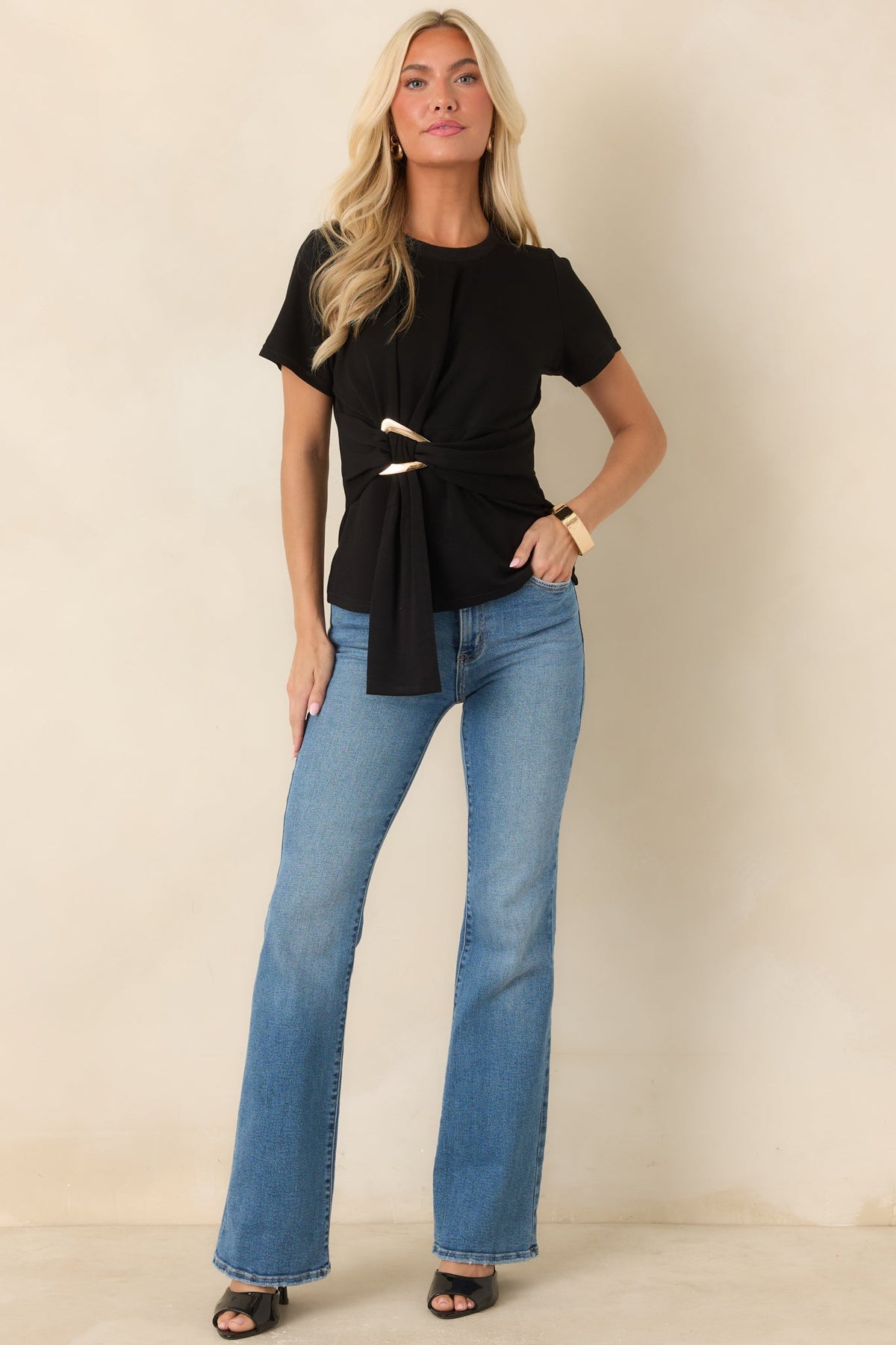 Made the Connection Black Knit Gathered Waist Top