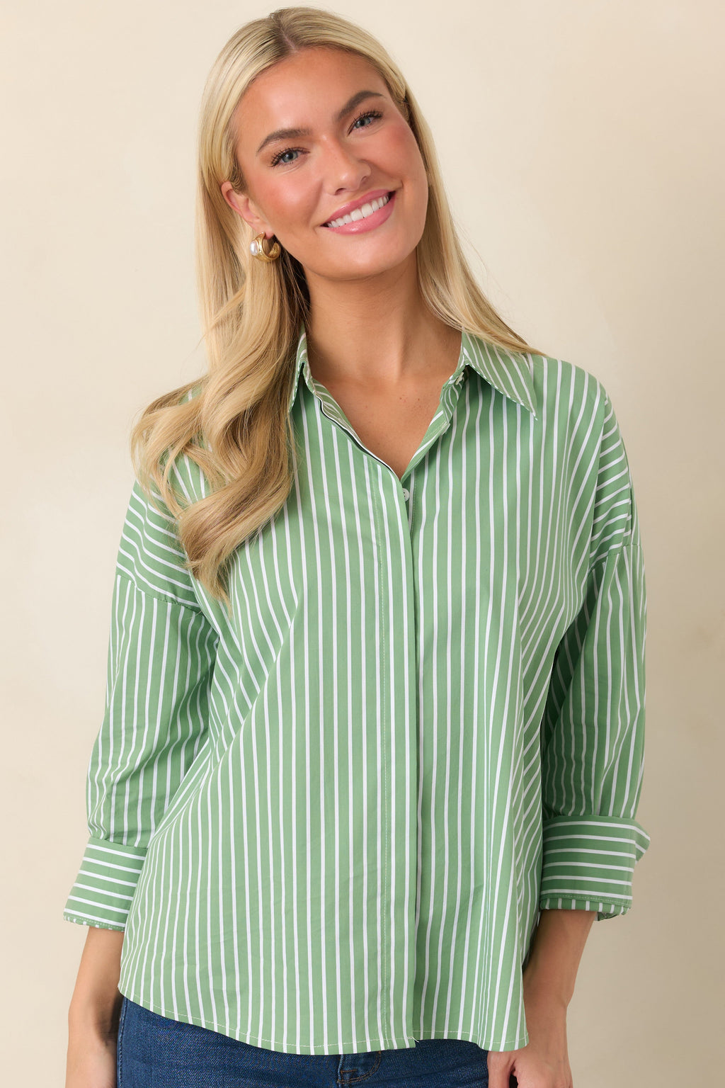Worth Noting Mint Green Stripe Cotton Blend Button Down Shirt