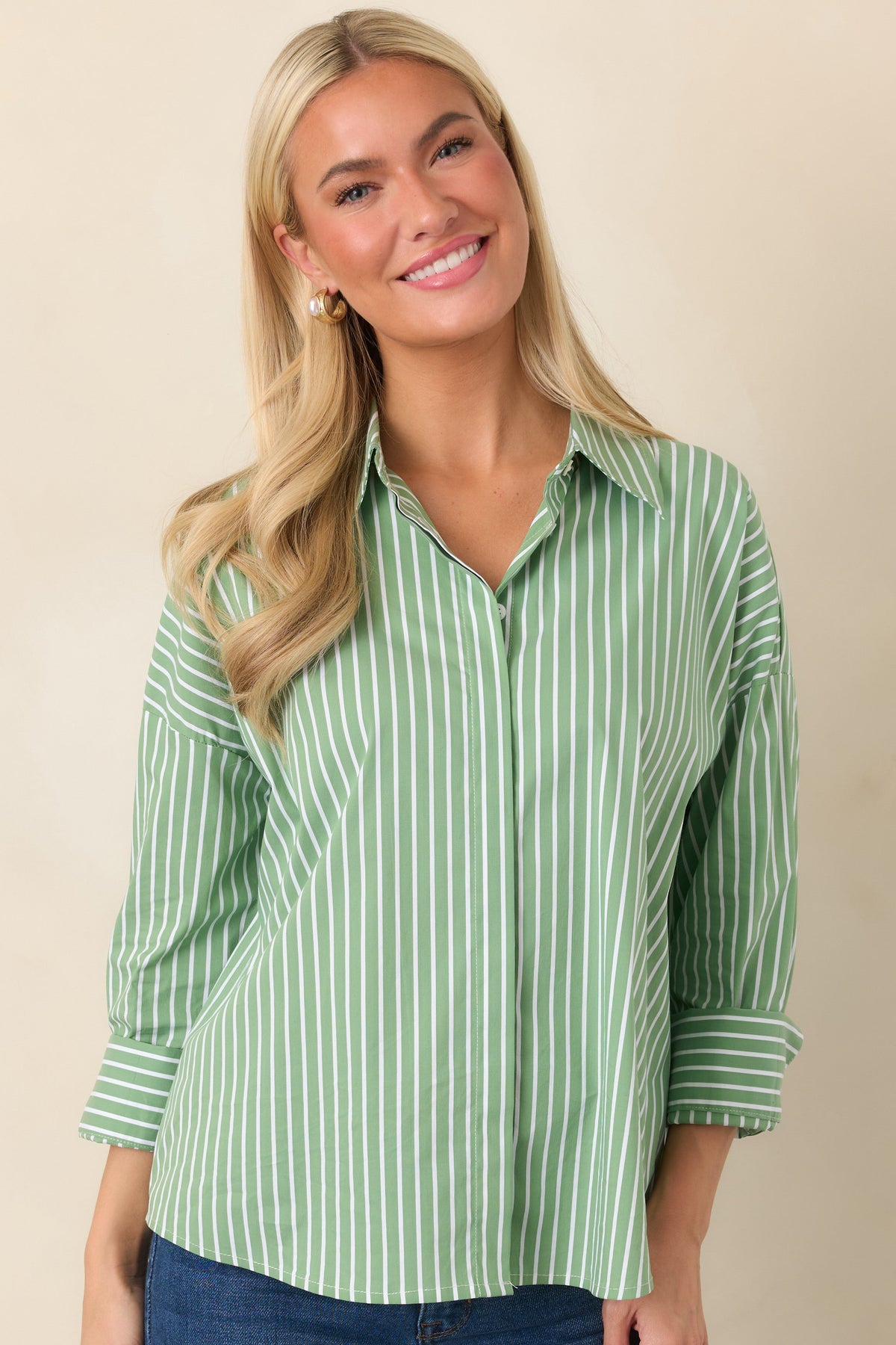 Worth Noting Mint Green Stripe Cotton Blend Button Down Shirt
