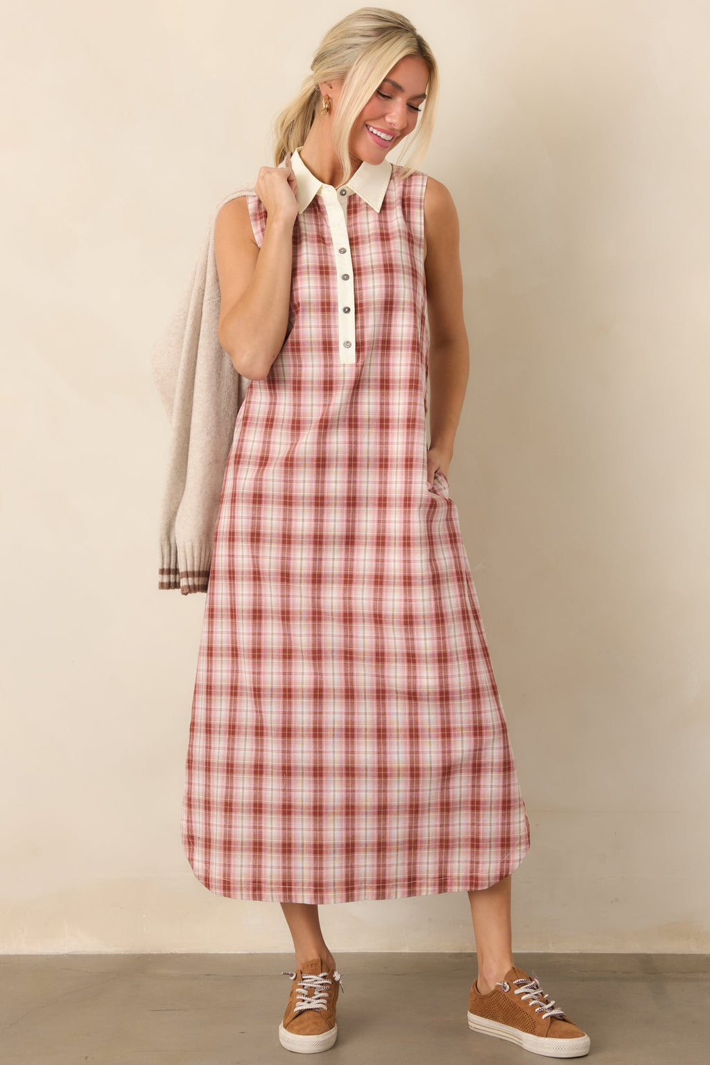 Small Town Story Pink Plaid Cotton Midi Dress