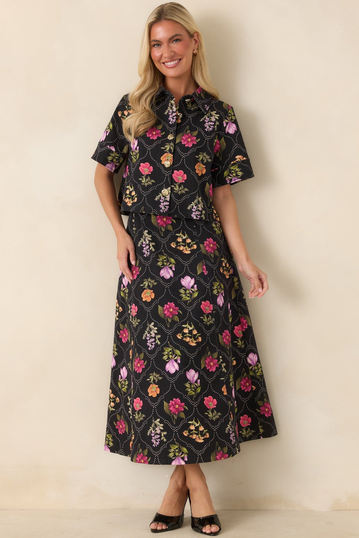 Consider Me Charmed Black Multi Floral Button Front Top