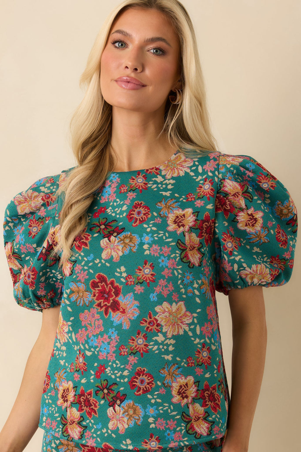 Pretty Please Teal Green Multi Floral Print Puff Sleeve Top