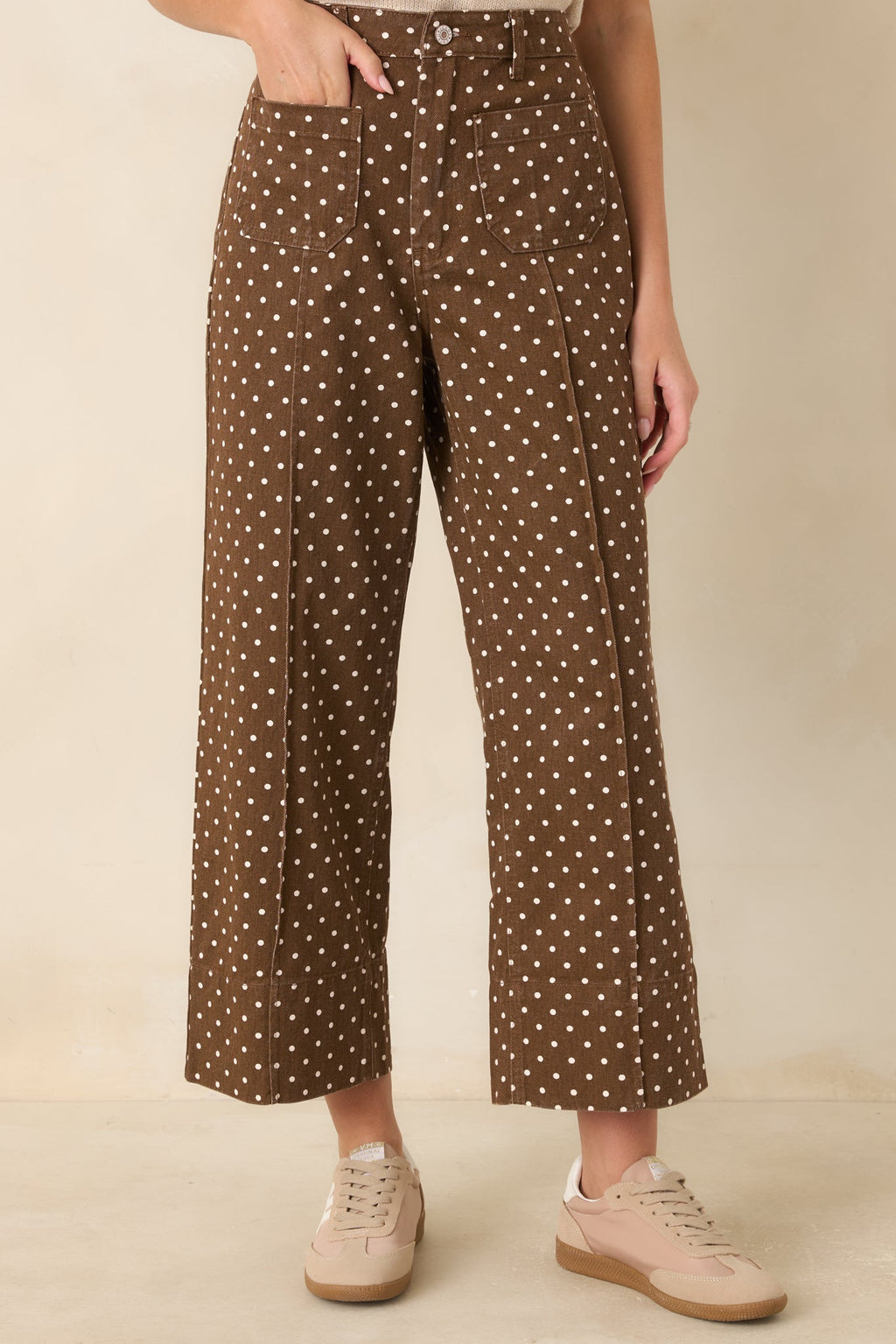Dot Your Average Brown Cotton Polka Dot Cropped Wide Leg Pants