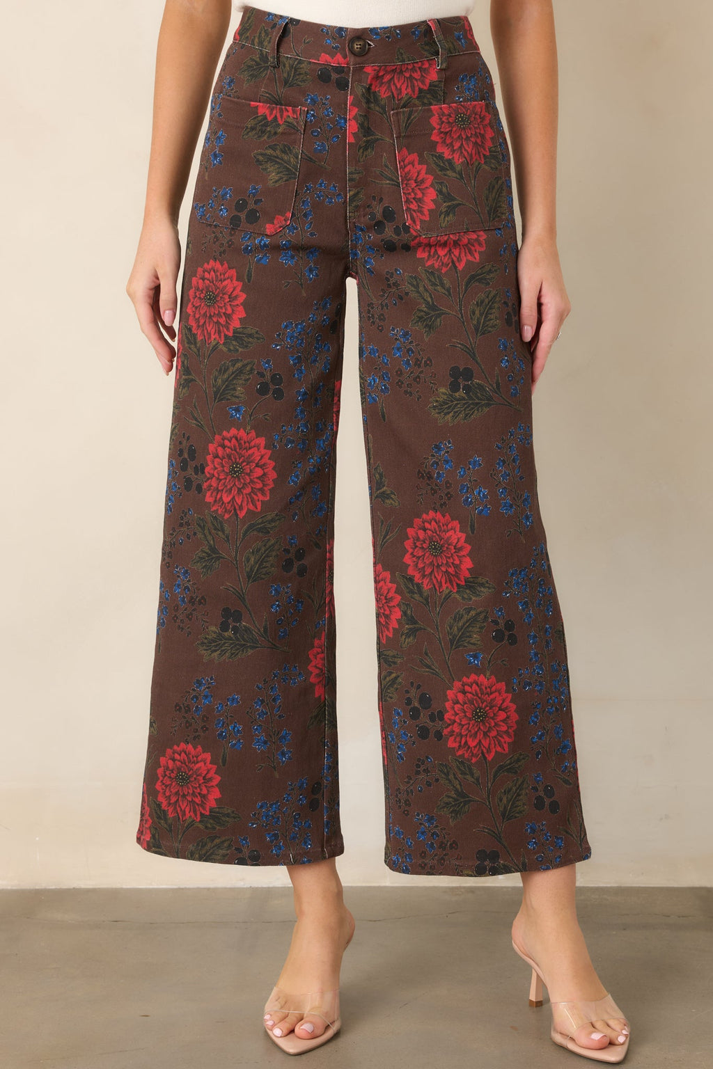 Picked for a Reason Brown Multi Floral Cotton Cropped Wide Leg Pants