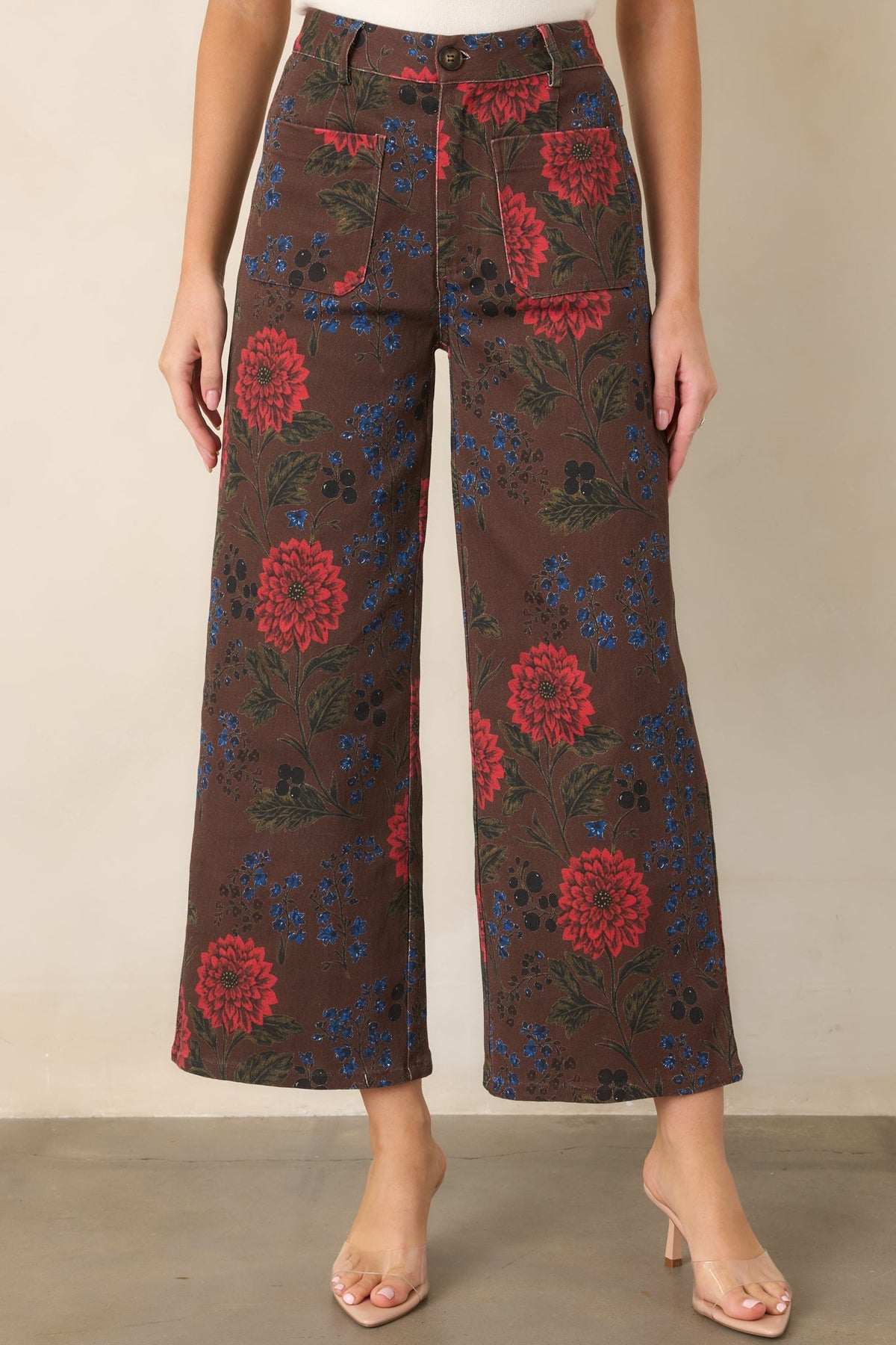 Picked for a Reason Brown Multi Floral Cotton Cropped Wide Leg Pants