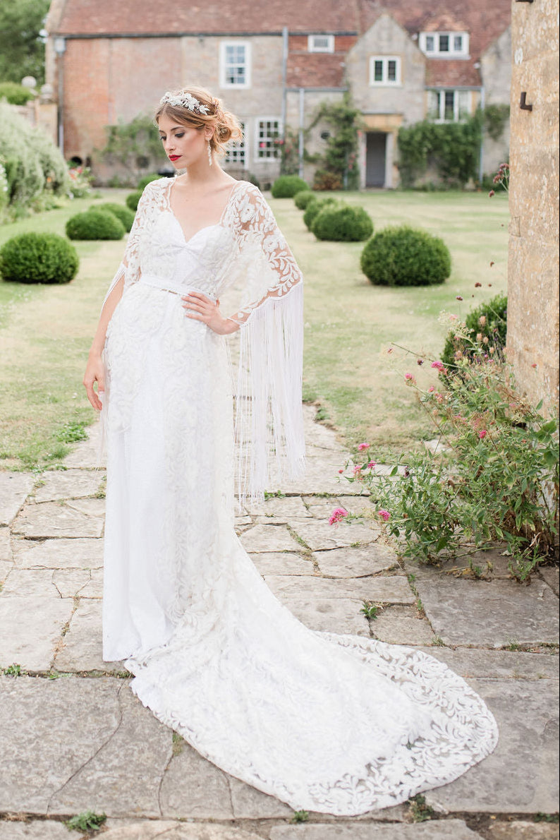 Ivory Sequin Floral Tasseled Robe Gown - Zelda