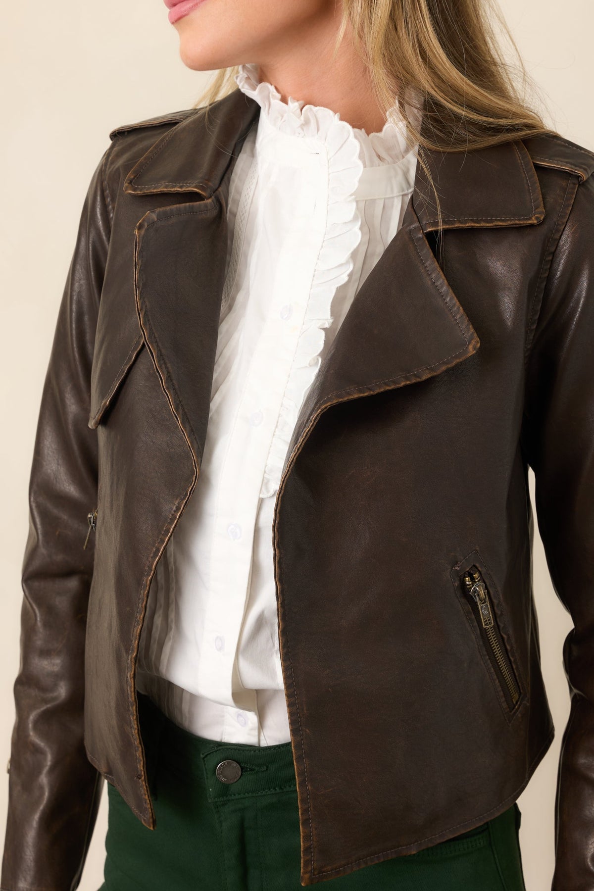 Places To Be Dark Brown Distressed Faux Leather Moto Jacket