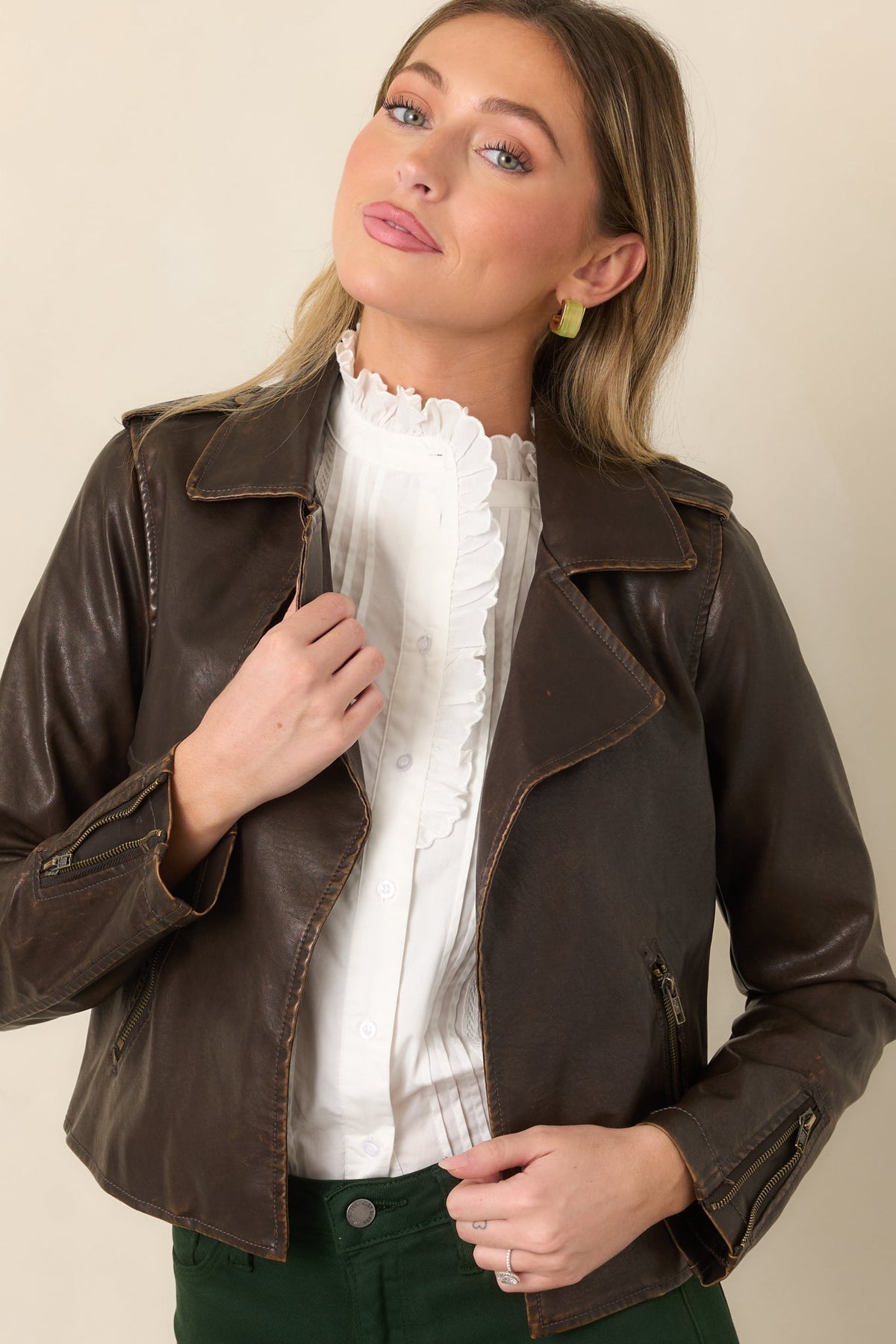 Places To Be Dark Brown Distressed Faux Leather Moto Jacket
