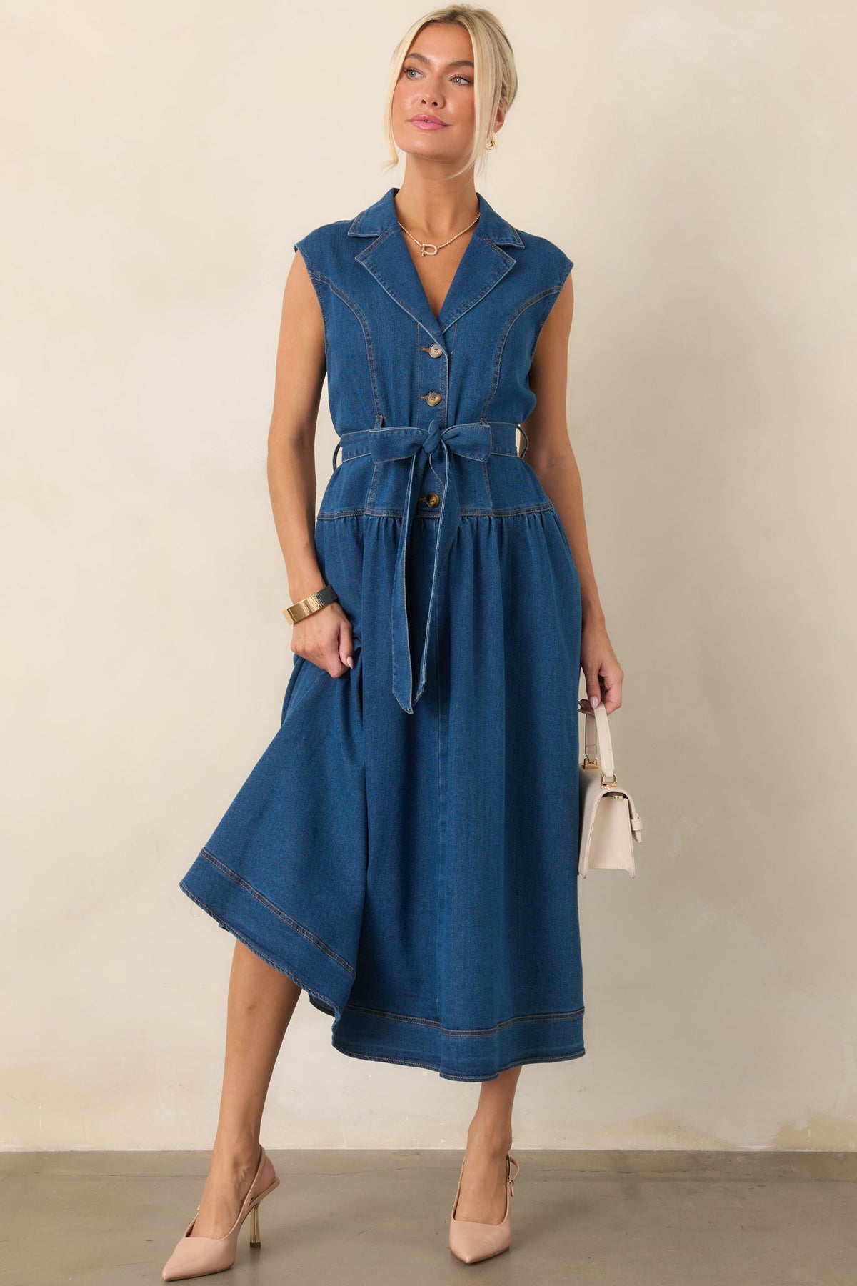 I'm All In Dark Wash Denim Tie-Belt Midi Dress