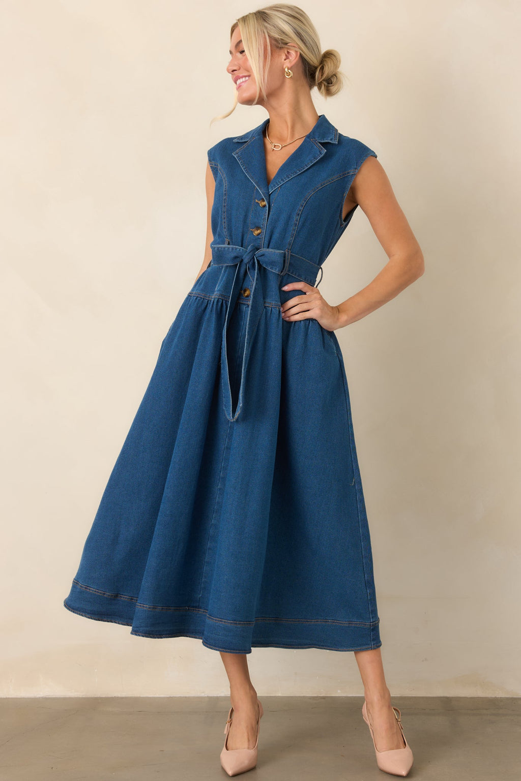 I'm All In Dark Wash Denim Tie-Belt Midi Dress