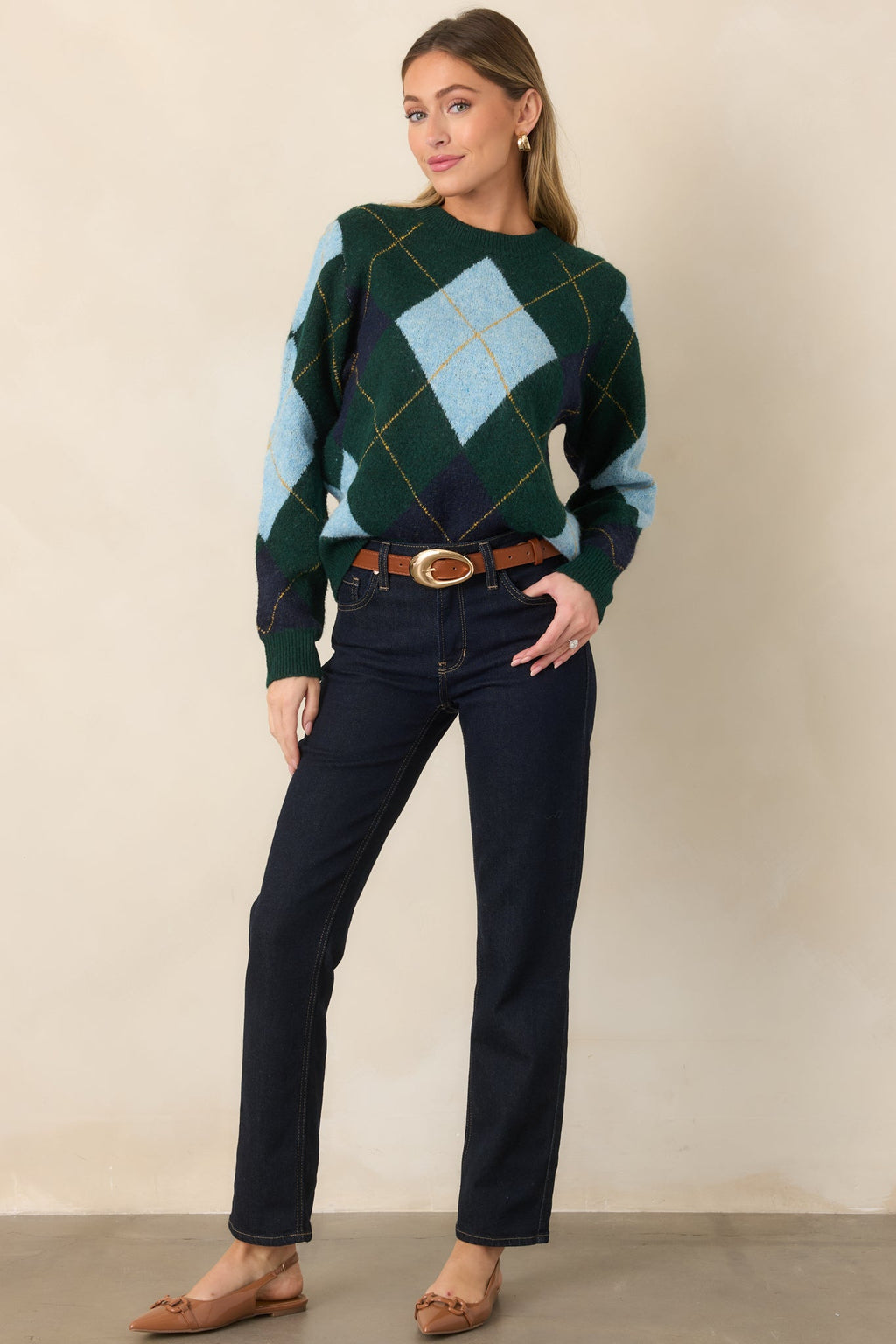 It All Checks Out Hunter Green Multi Argyle Crewneck Sweater