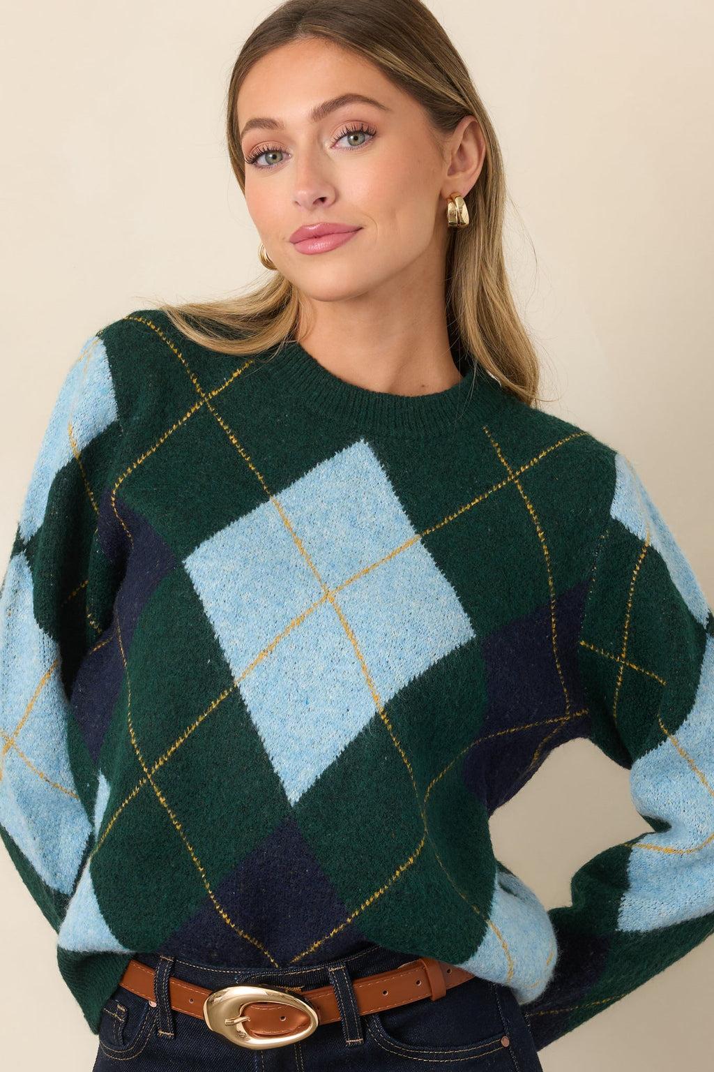 It All Checks Out Hunter Green Multi Argyle Crewneck Sweater