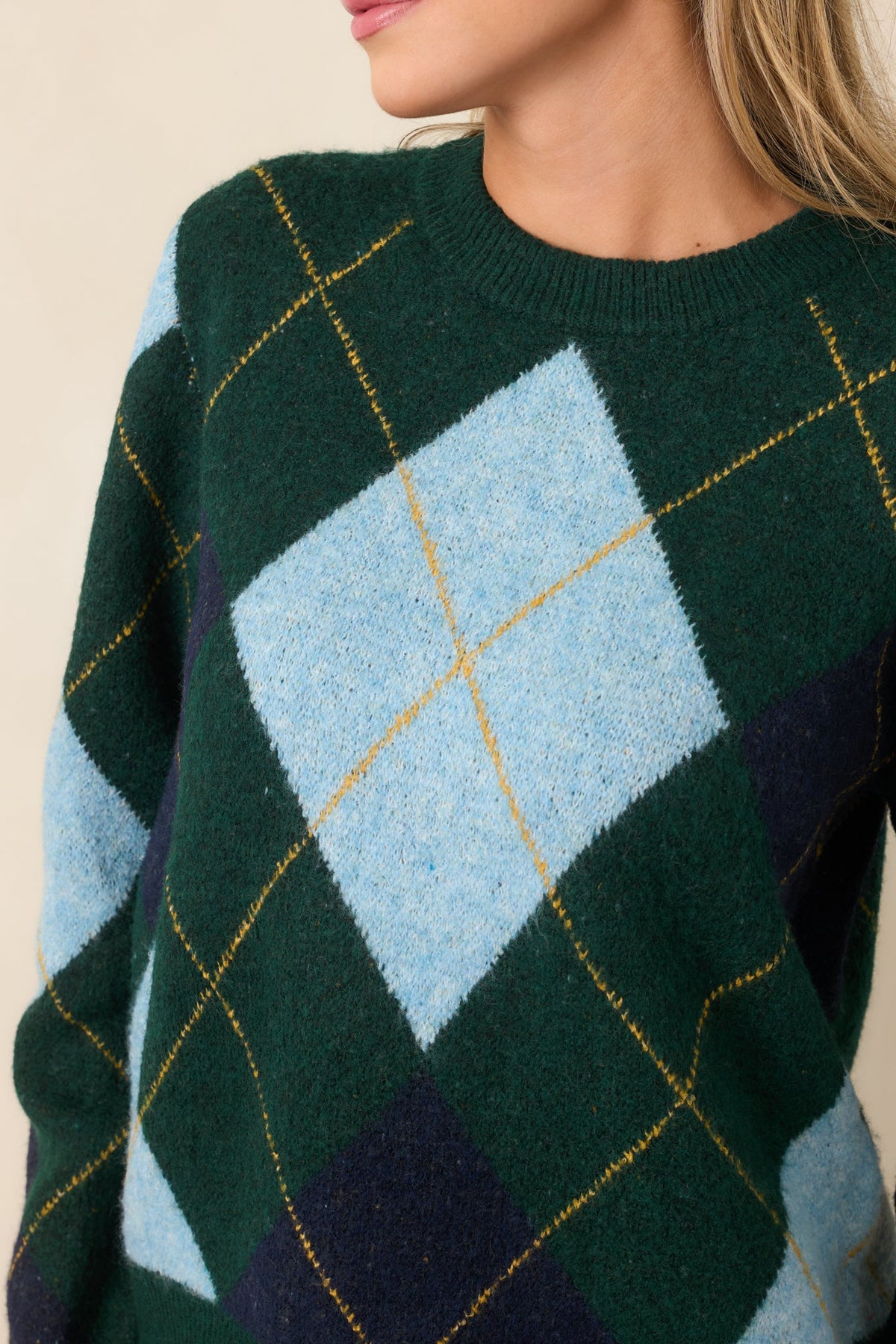 It All Checks Out Hunter Green Multi Argyle Crewneck Sweater