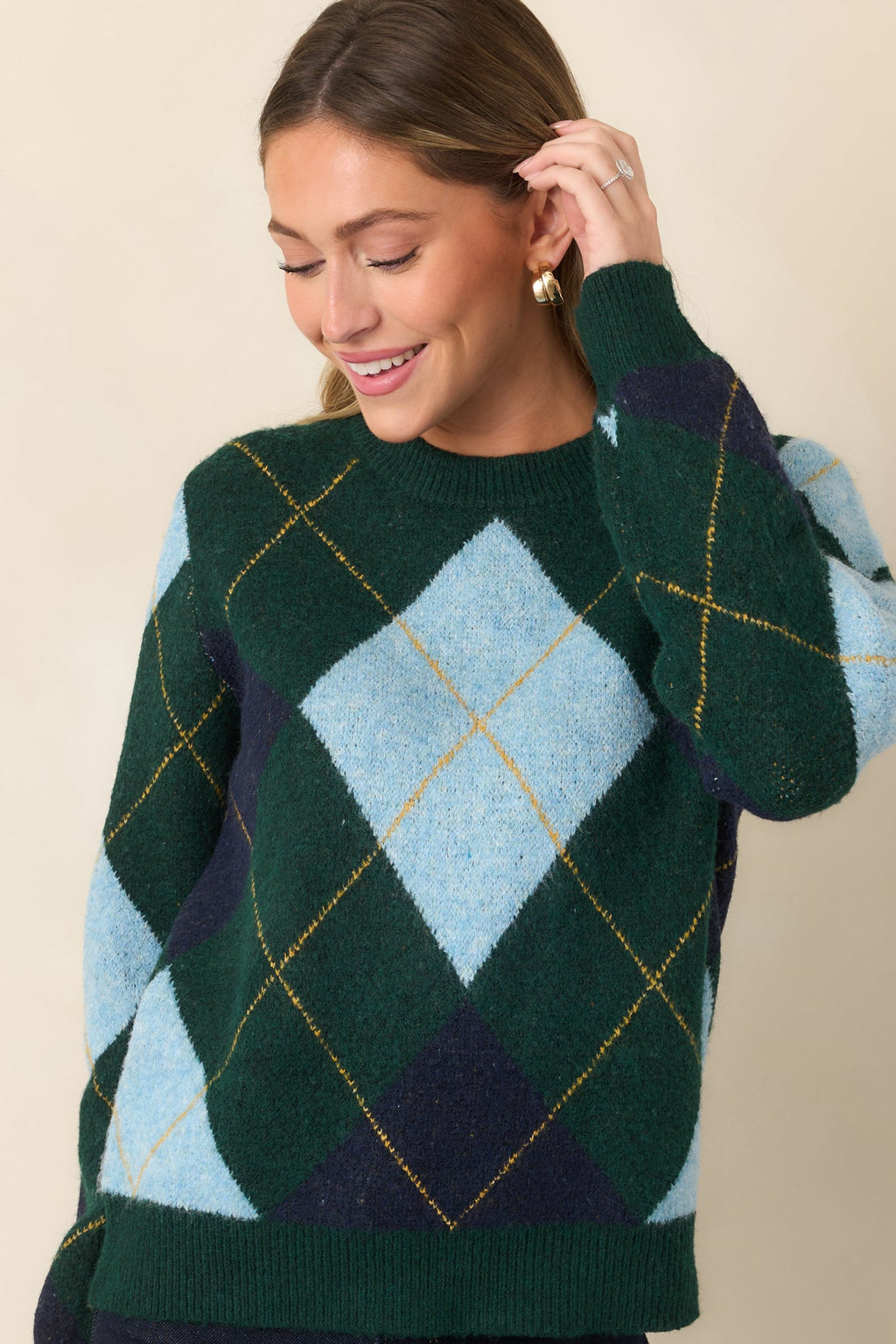It All Checks Out Hunter Green Multi Argyle Crewneck Sweater