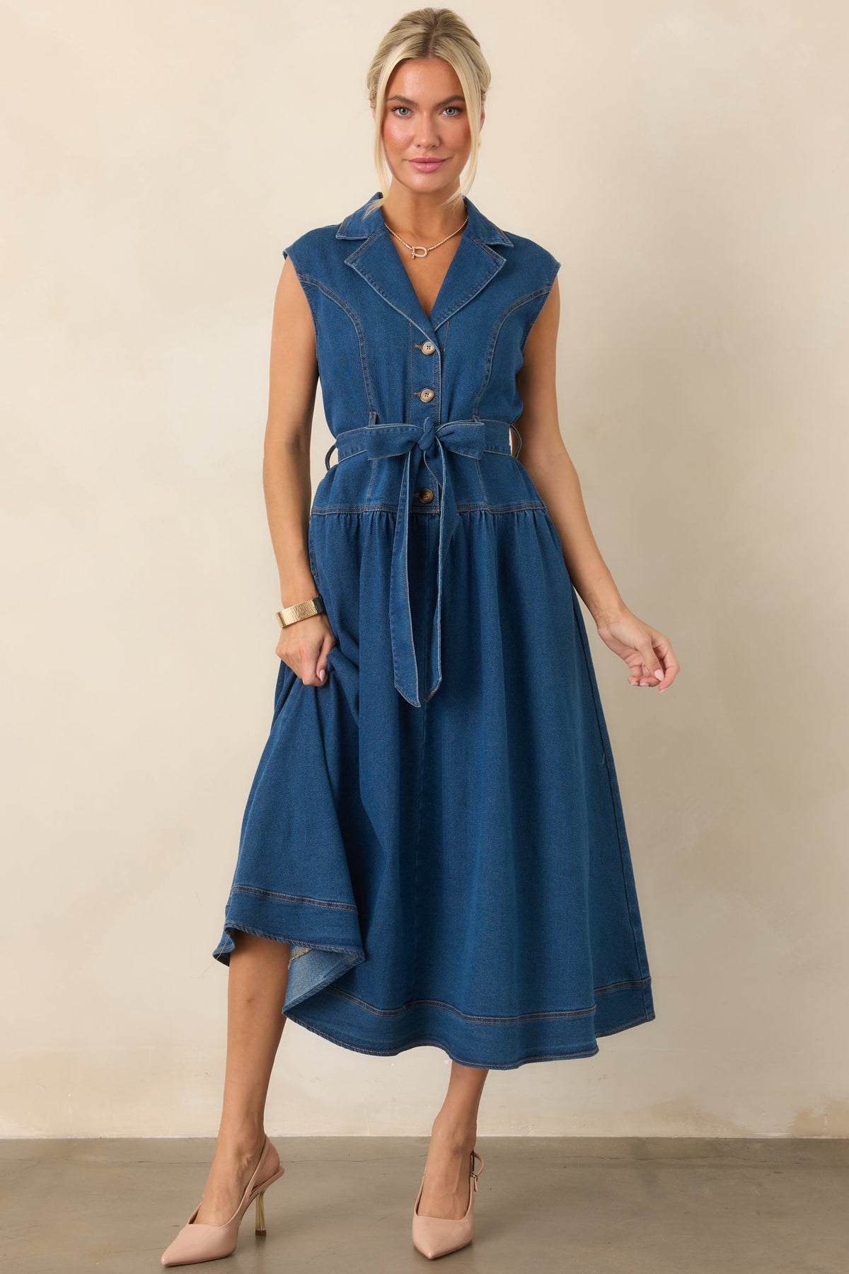I'm All In Dark Wash Denim Tie-Belt Midi Dress