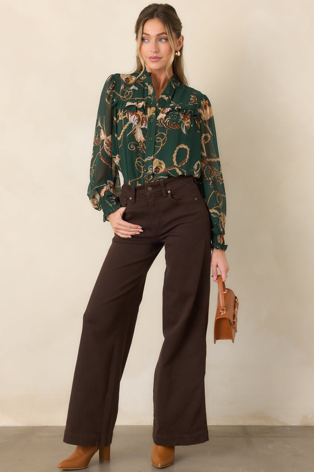 Out at the Estate Forest Green Floral Rope Print Ruffle Blouse