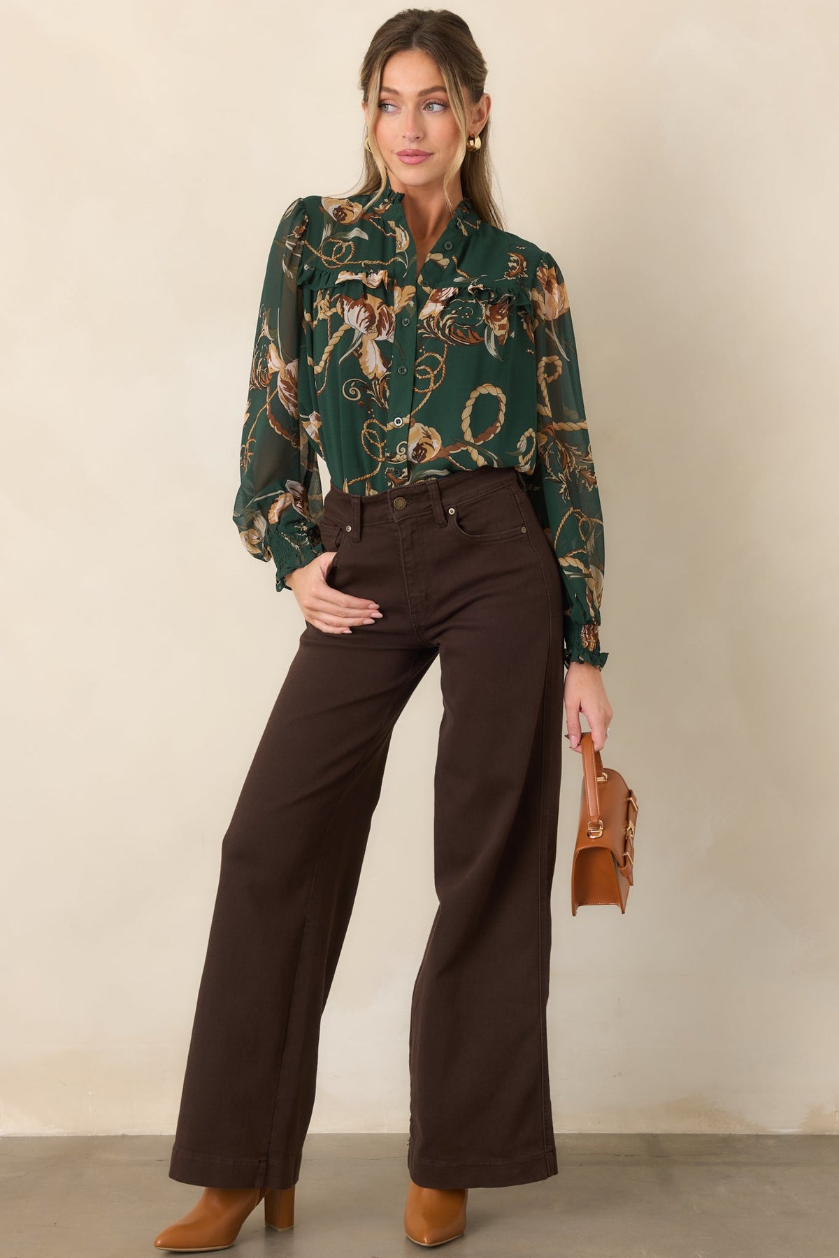 Out at the Estate Forest Green Floral Rope Print Ruffle Blouse