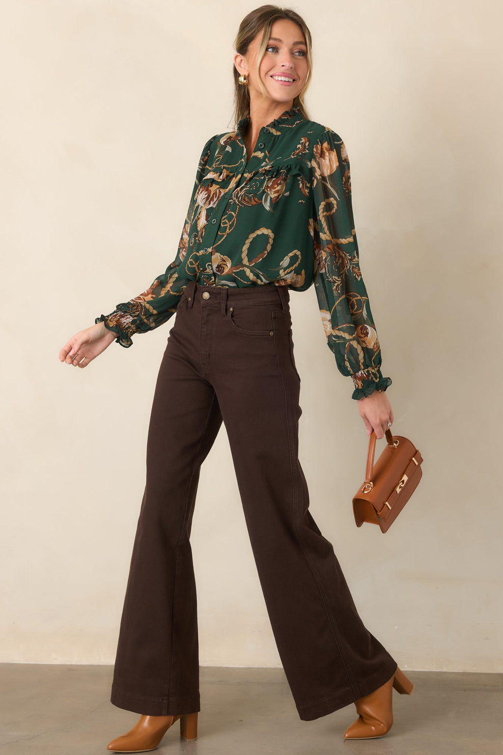 Out at the Estate Forest Green Floral Rope Print Ruffle Blouse