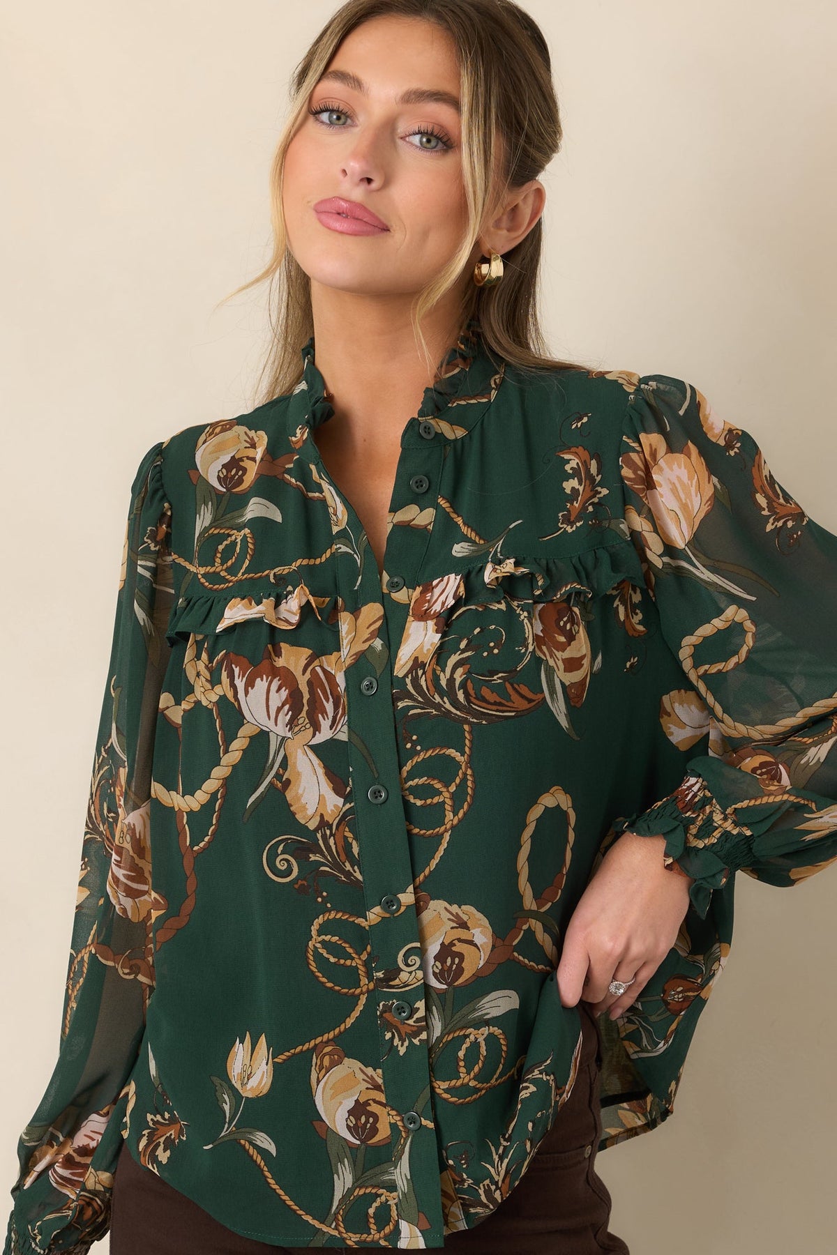 Out at the Estate Forest Green Floral Rope Print Ruffle Blouse