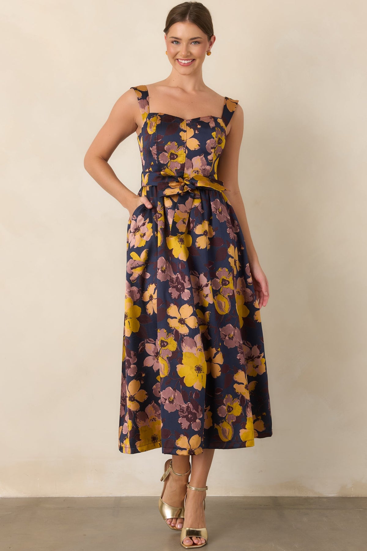 A Formal Arrangement Navy & Marigold Floral Tie-Waist Midi Dress