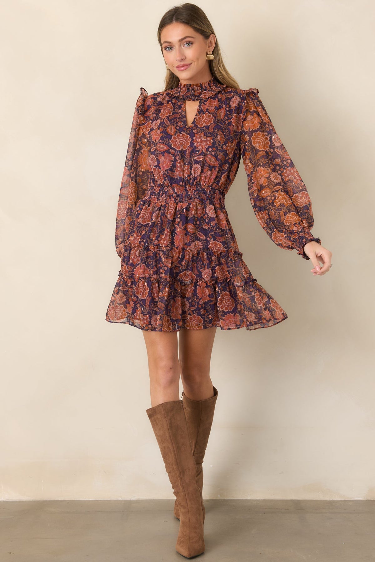 Love in the Air Plum & Rust Floral Tiered Mini Dress