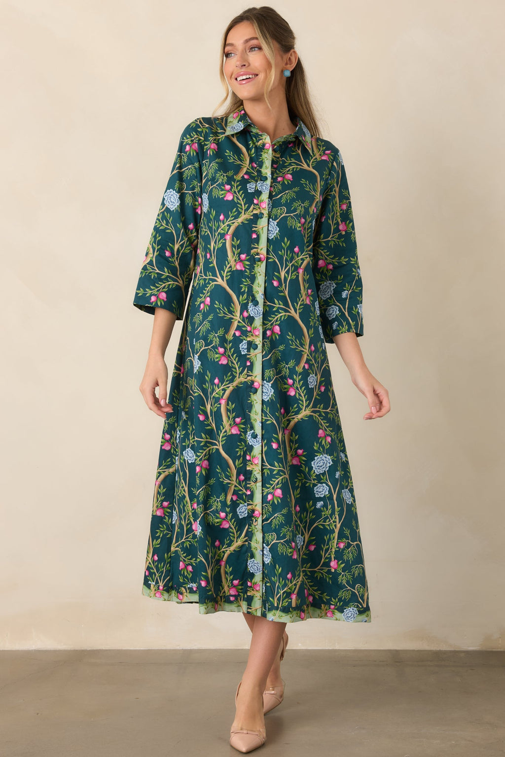In a Fairytale Teal Multi Floral Cotton Midi Shirt Dress