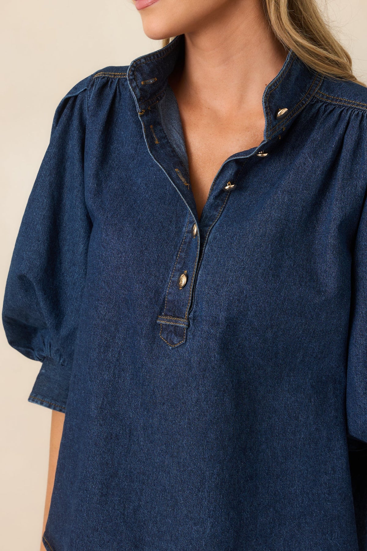 Now You Know Dark Wash Denim Balloon Sleeve Top