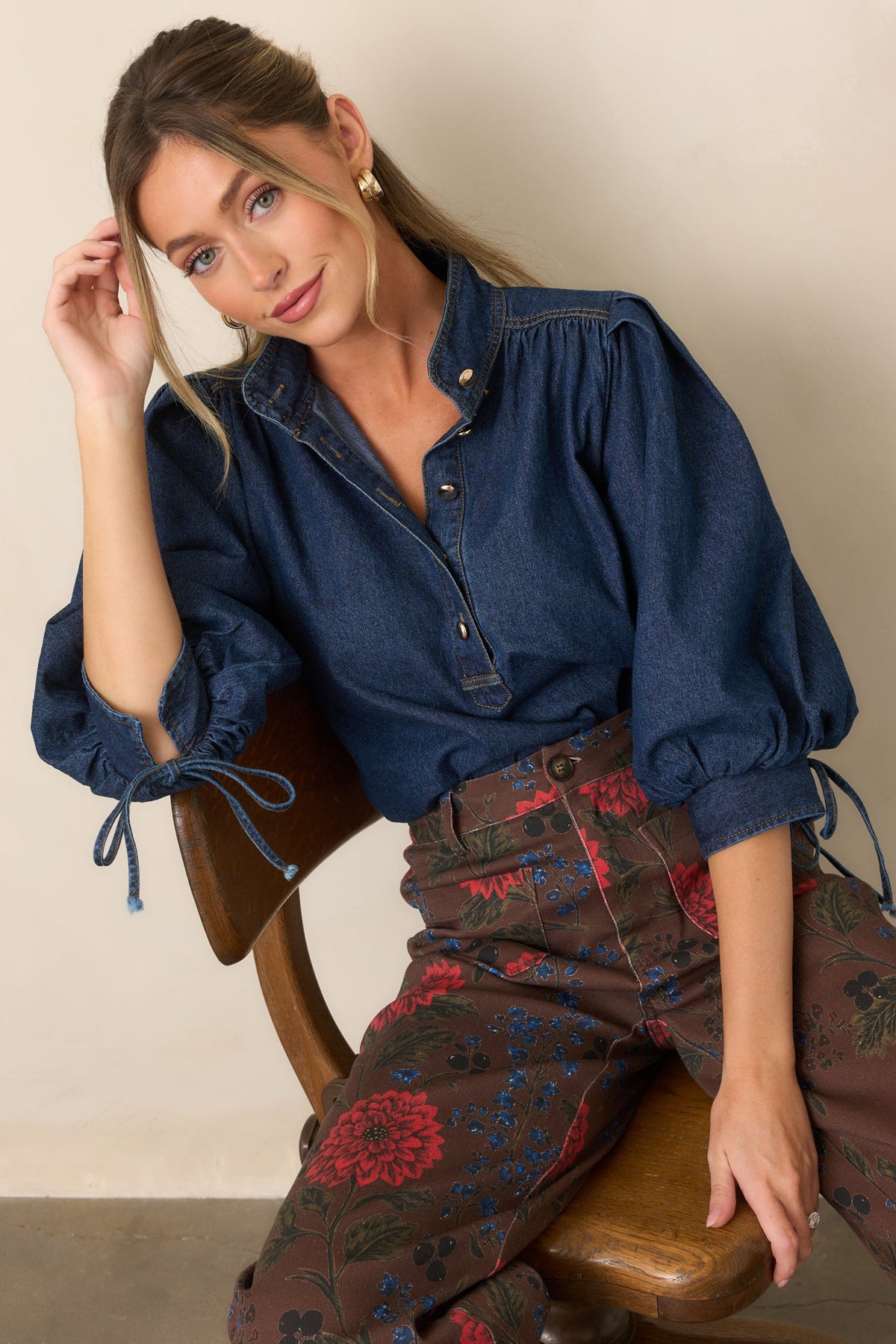 Now You Know Dark Wash Denim Balloon Sleeve Top