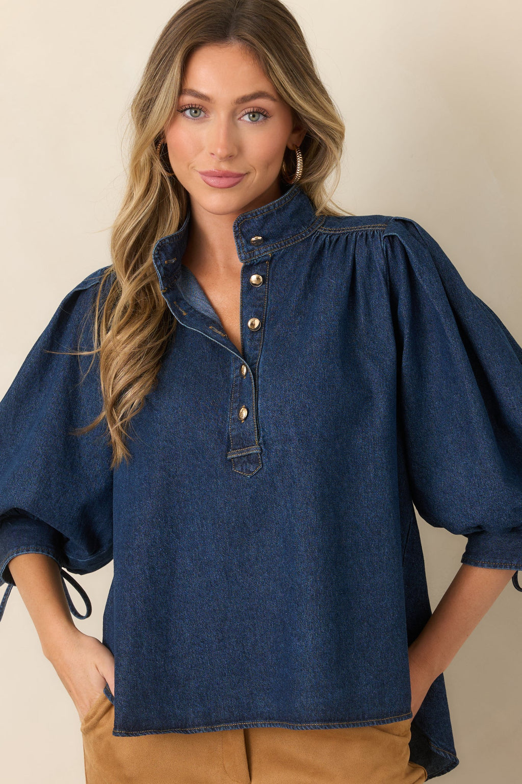 Now You Know Dark Wash Denim Balloon Sleeve Top