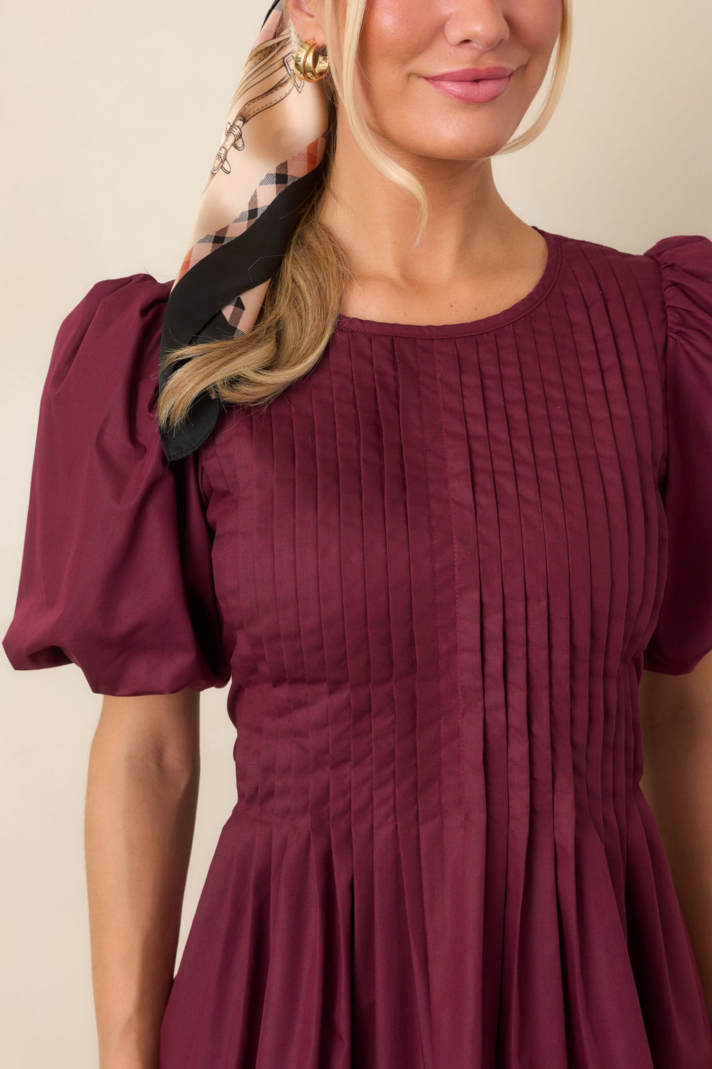 Pleats to Meet You Merlot Purple Pintuck Puff Sleeve Mini Dress