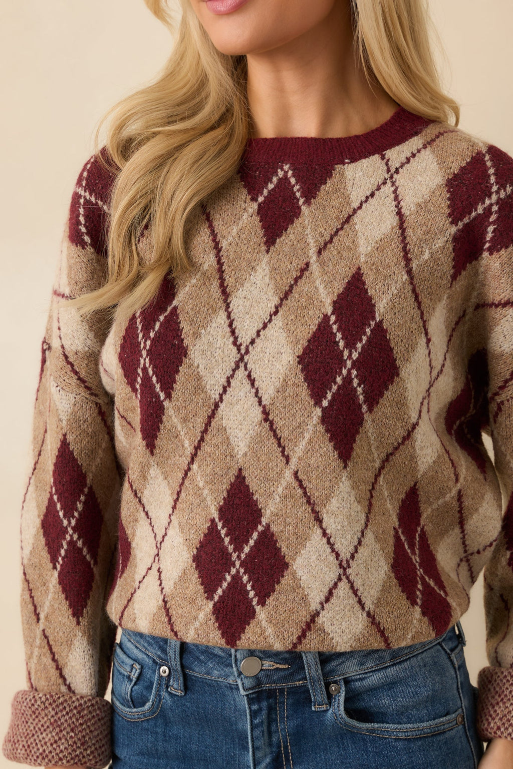 No Place Like Home Burgundy Multi Argyle Knit Sweater