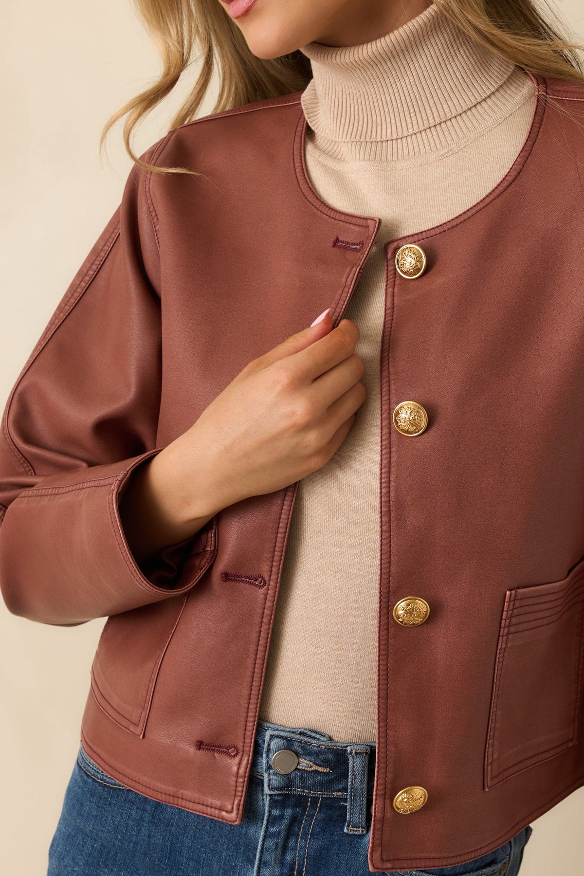 Made To Impress Mauve Faux Leather Cropped Button Up Jacket