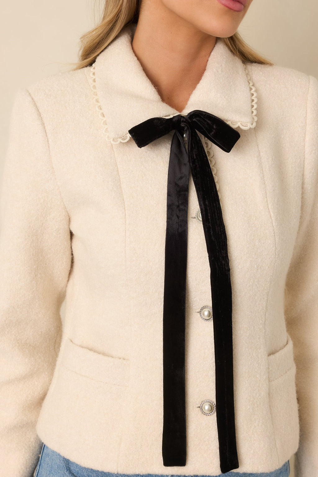Held Together Natural Wool Blend Pearl Button & Velvet Tie Jacket