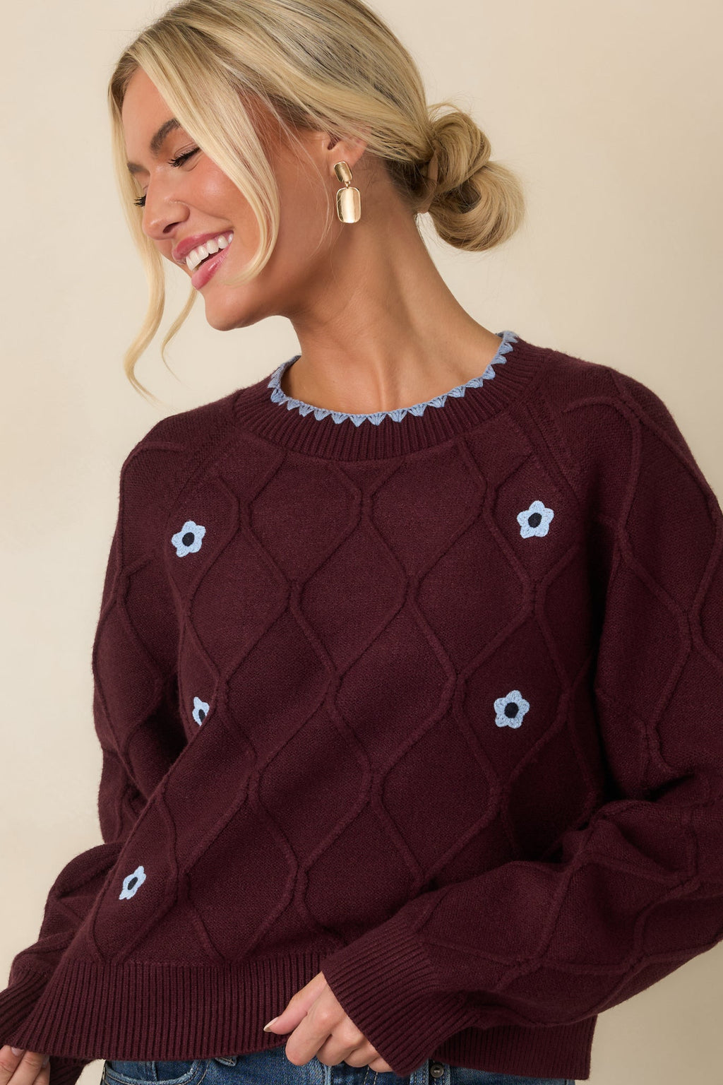 In Blooming Detail Burgundy Floral Textured Sweater