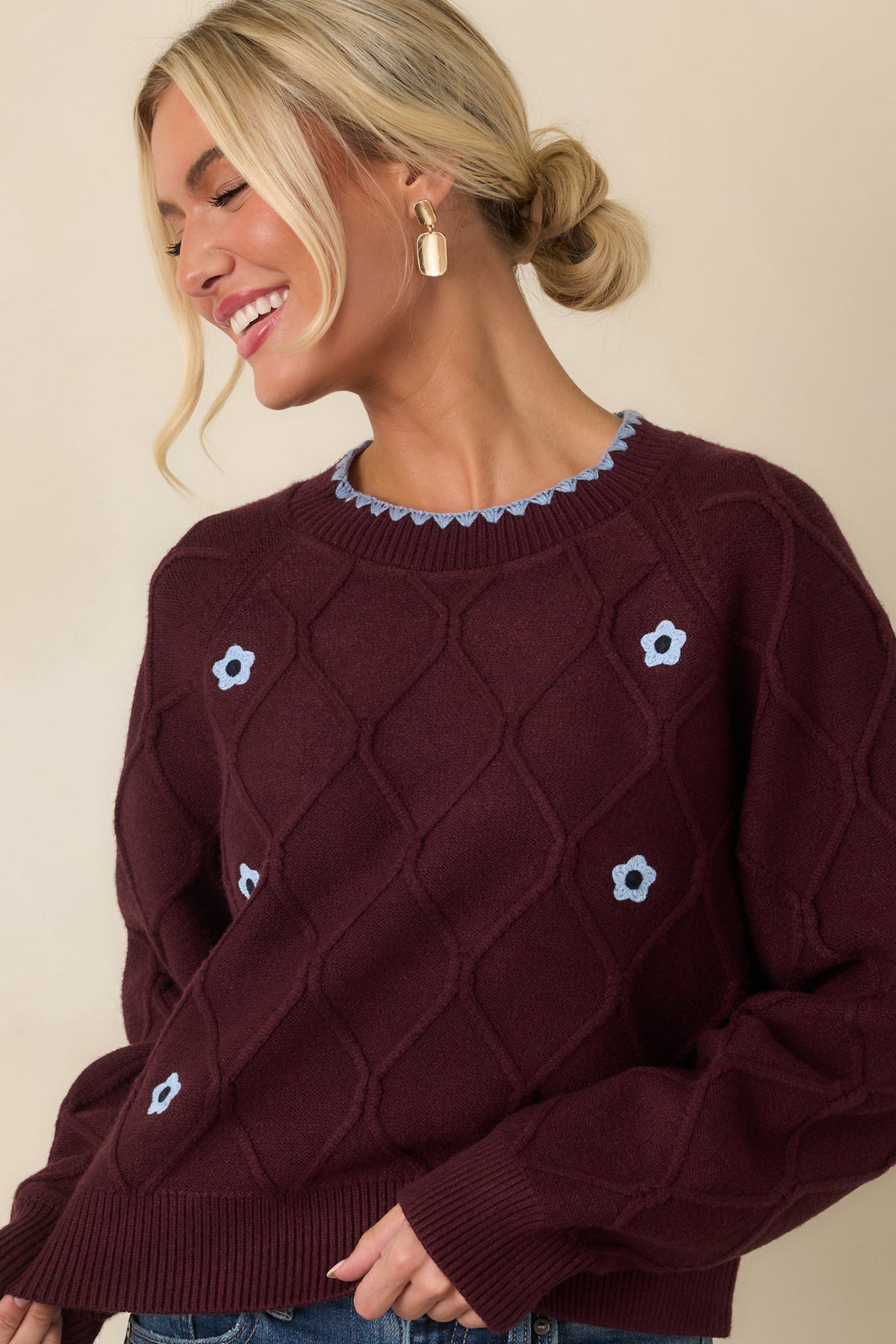 In Blooming Detail Burgundy Floral Textured Sweater